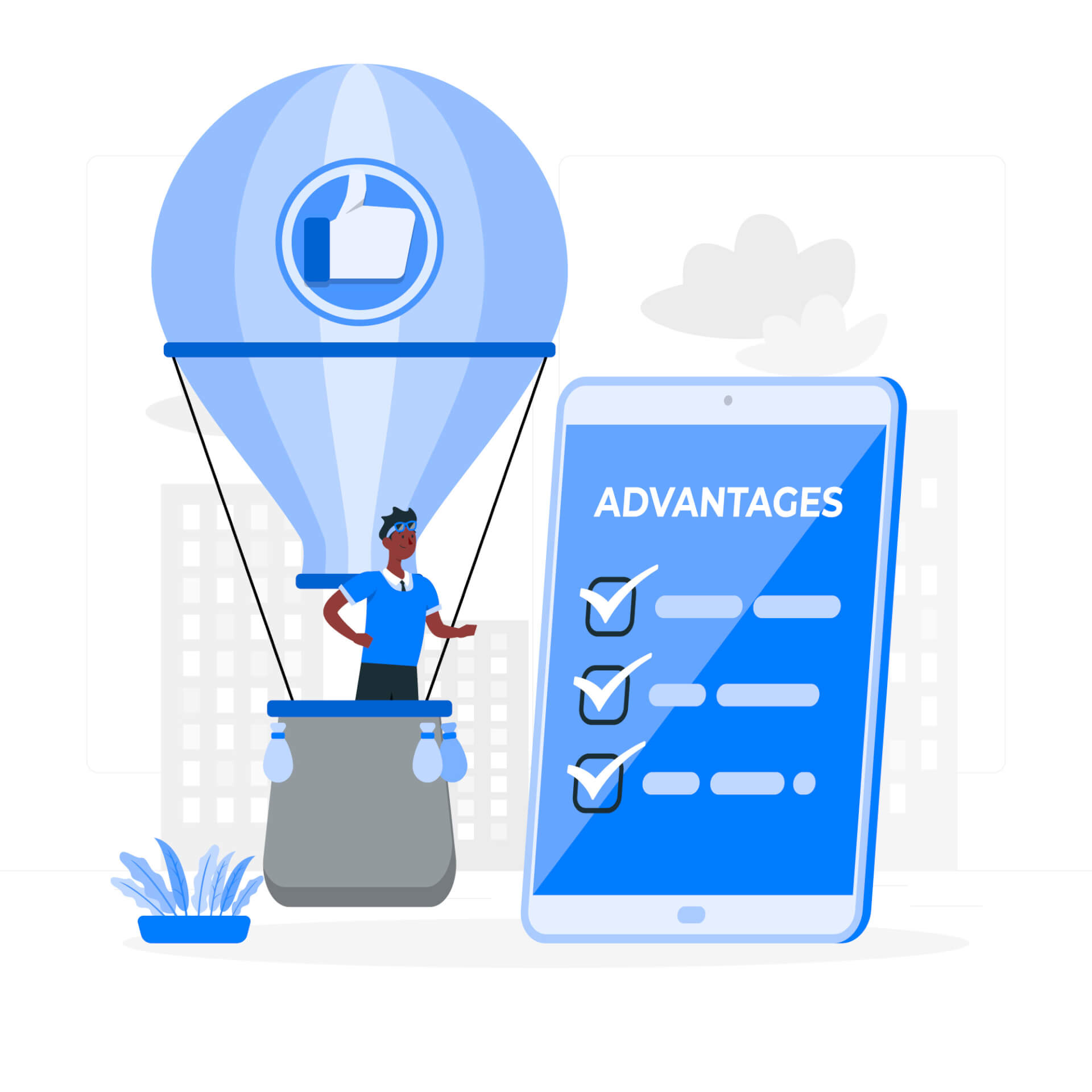 Illustration eines Mannes in einem Heißluftballon, neben ihm ein riesiges Tablet mit einer Checkliste, betitelt mit Vorteile.