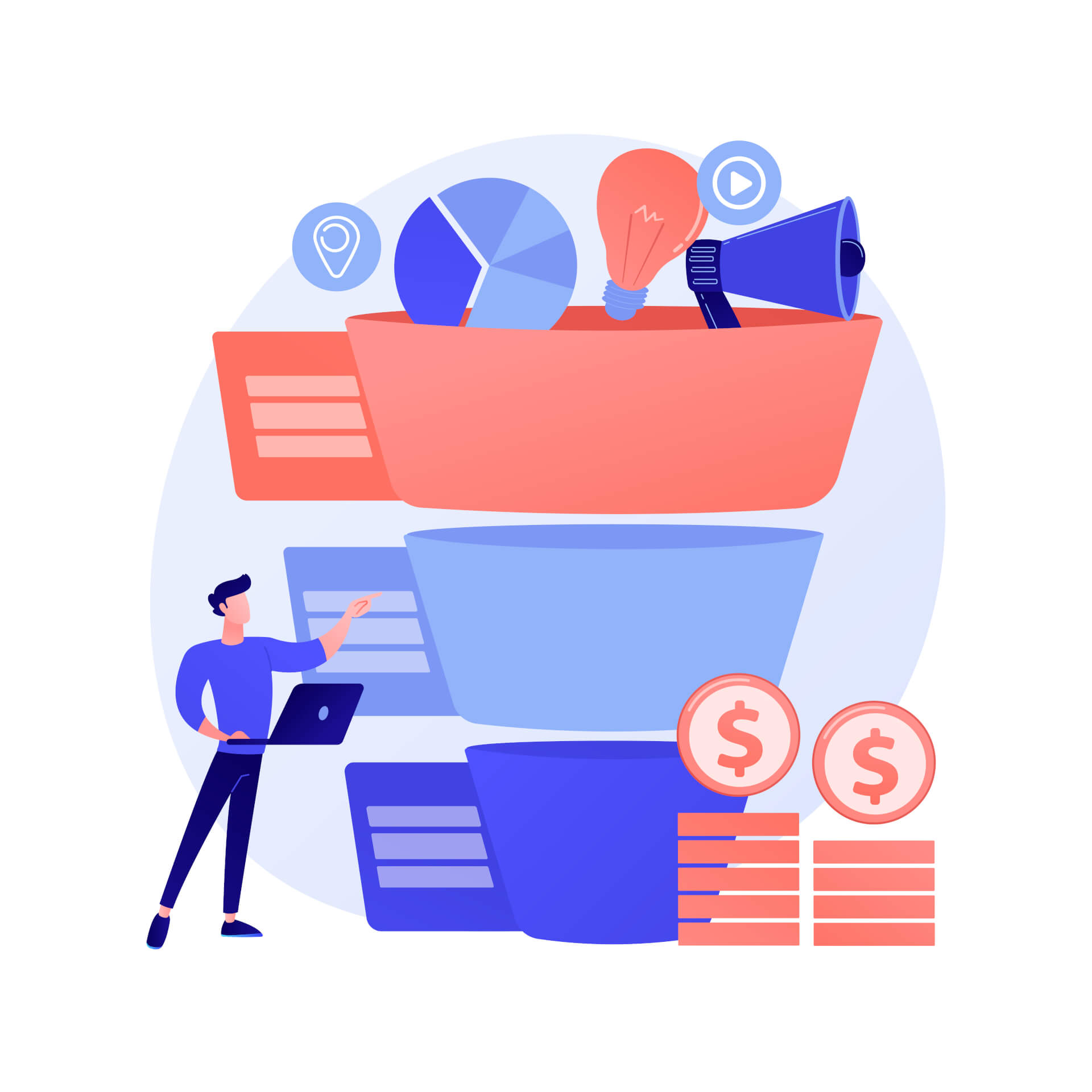 Abstrakte Illustration eines Mannes, der einen riesigen Marketing-Trichter überprüft