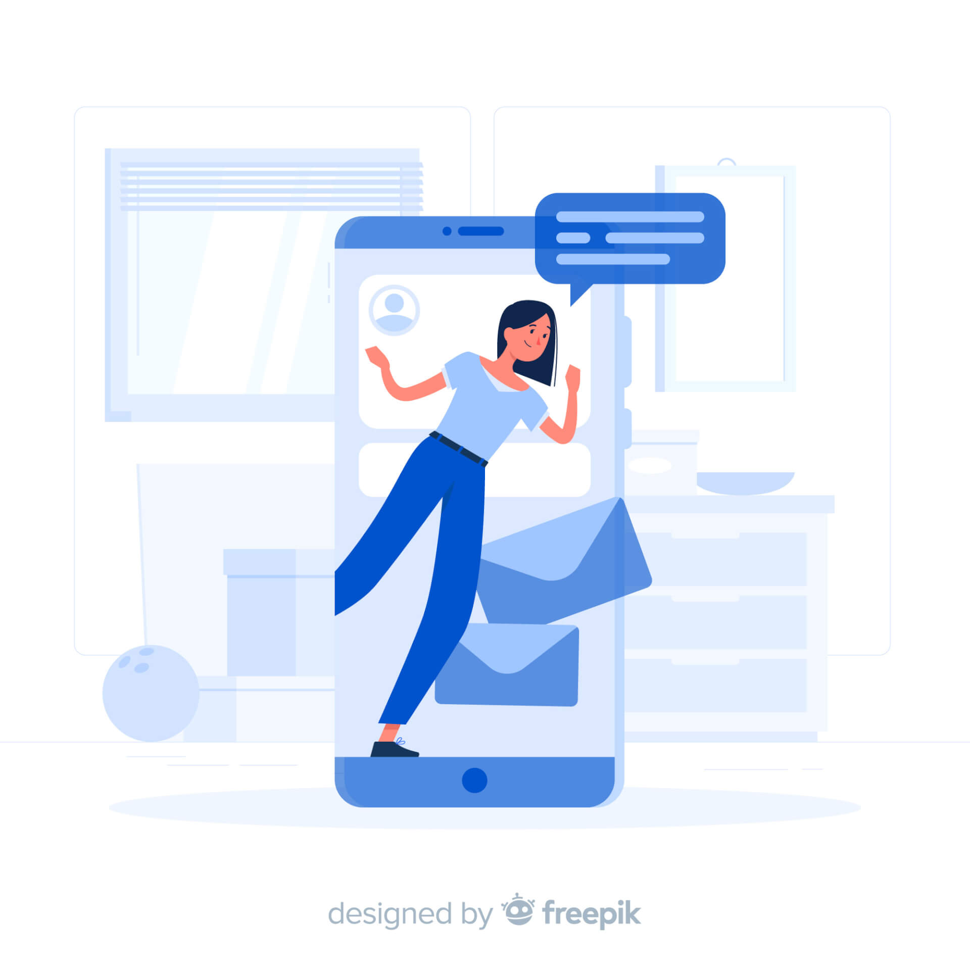 Abstrakte Illustration einer Frau, die aus einem Telefon steigt und ruft.