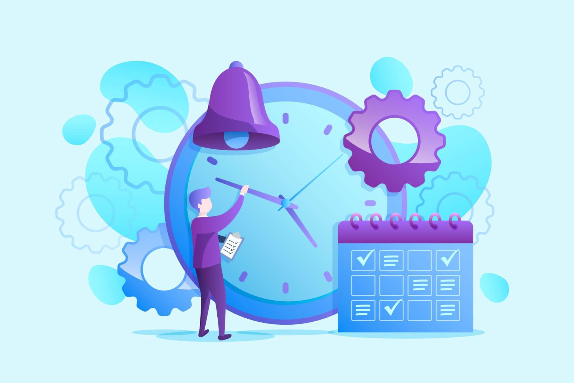 Illustration of a man setting the time on a giant clock, a huge calendar standing next to it.