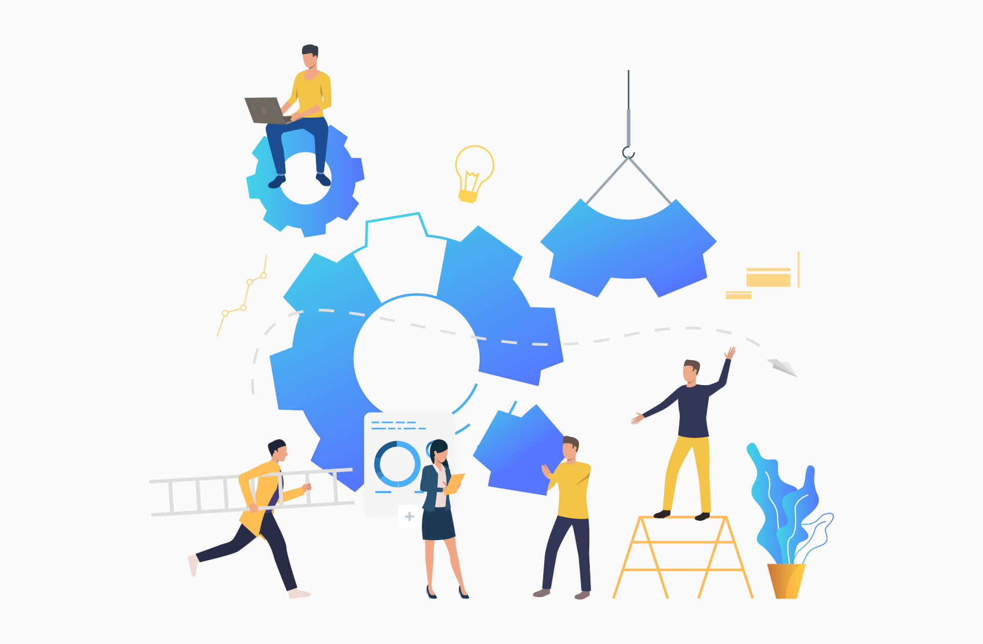 Abstract Illustration of huge gears hanging from ceiling, some only in parts, people standing in front, some sitting on gears.