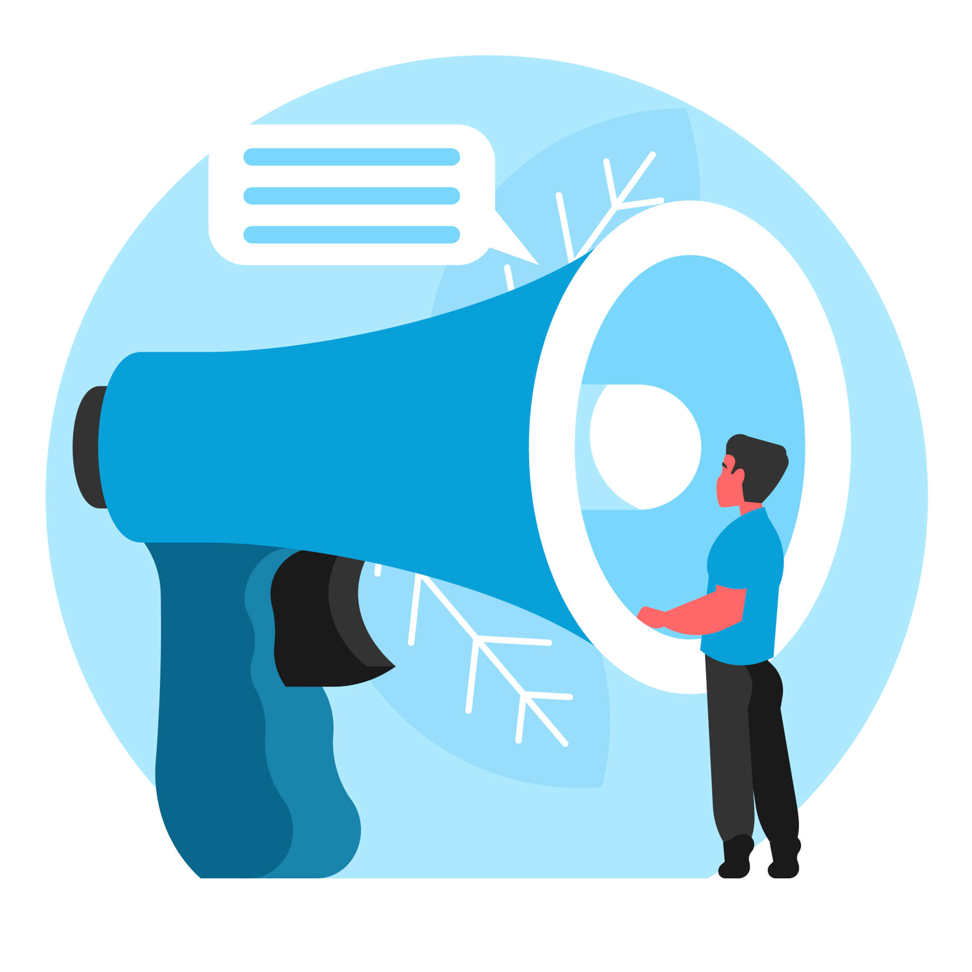 Illustration of a man standing in front if a giant megaphone.