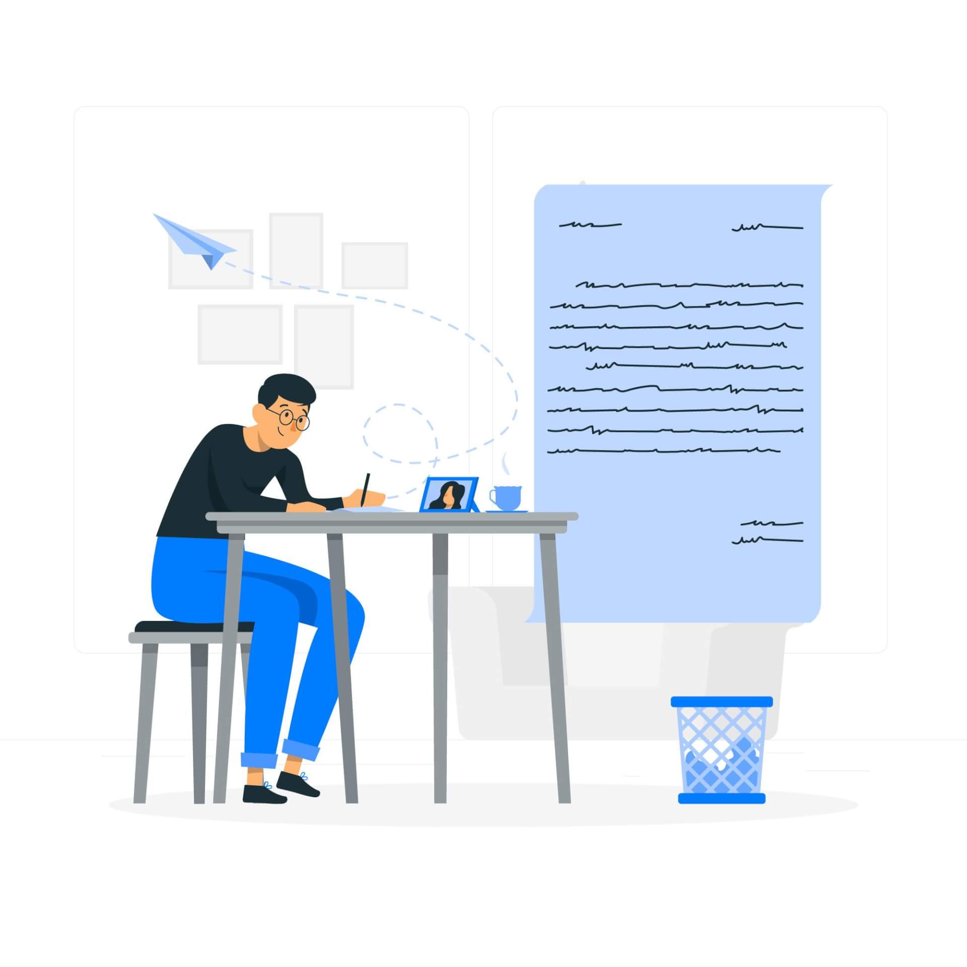 Abstrakte Illustration eines Mannes, der an einem Tisch sitzt und einen Vorschlag schreibt; das Dokument ist im Hintergrund sichtbar.