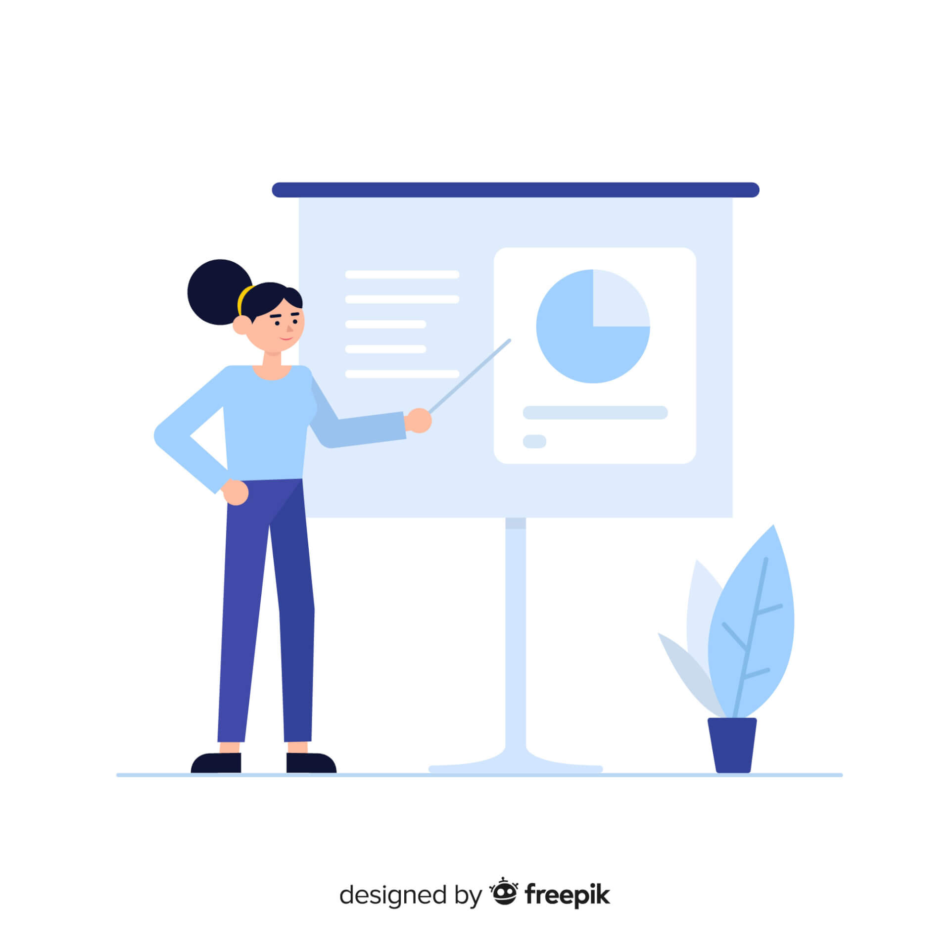 Abstract Illustration of a woman standing next to a flip chart, pointing on the information.
