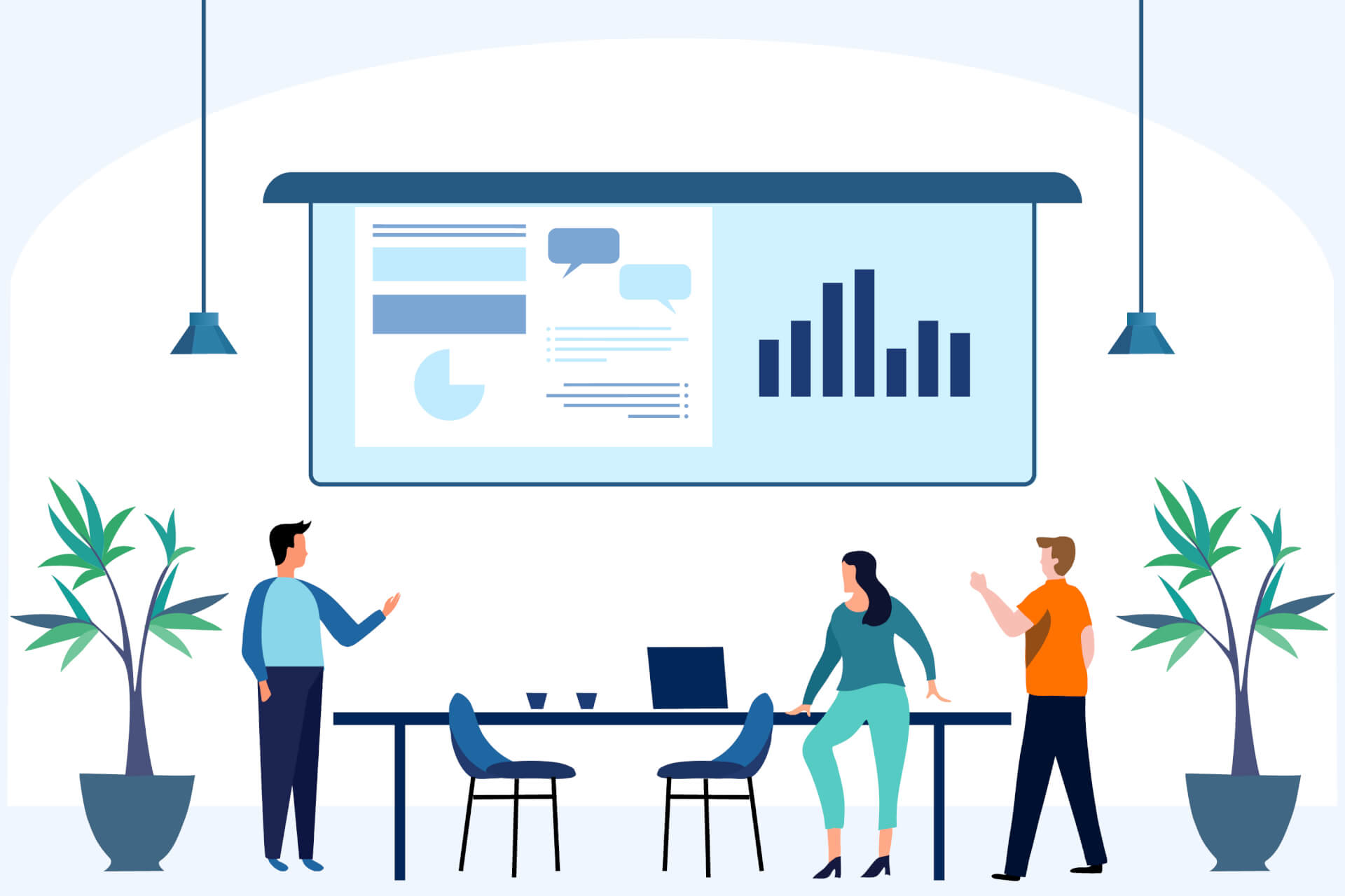 three people in conference room, talking and looking at statistics