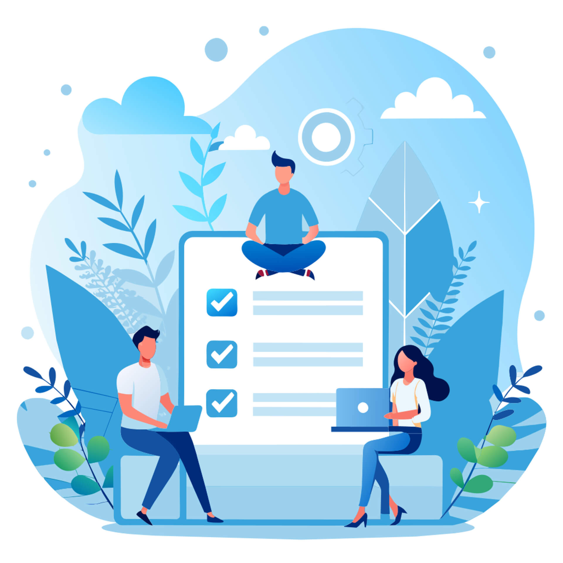 Abstract Illustration of a big screen with a checklist on it, three persons sitting around it, also working on electronic devices.