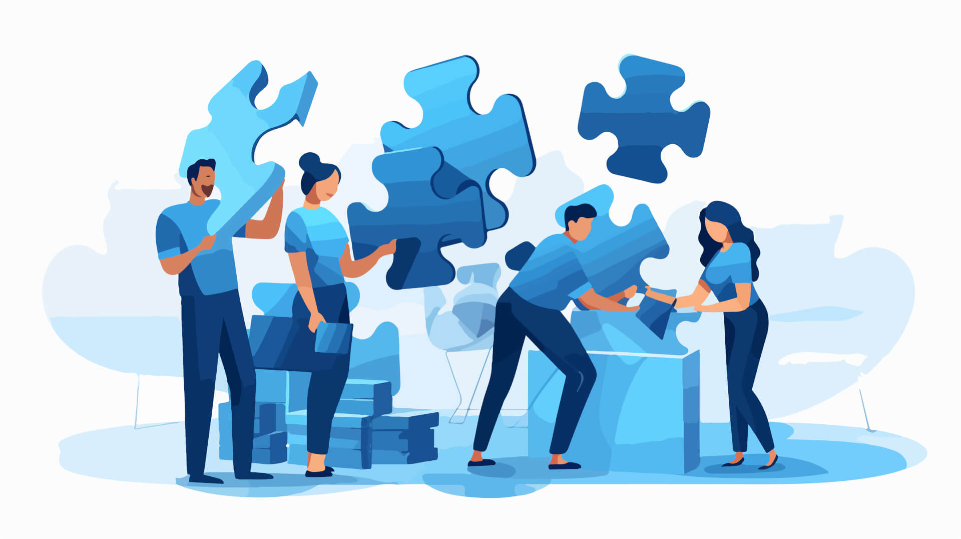 Abstrakte Illustration einer Gruppe von Menschen, die riesige Puzzleteile sortieren und in Kisten legen.