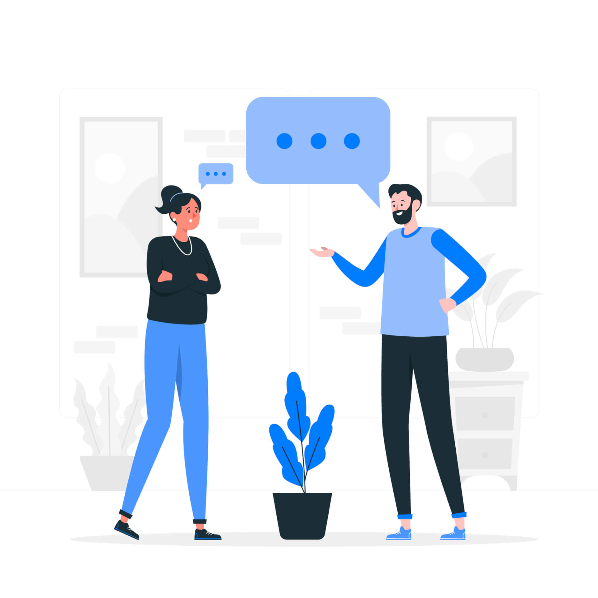 Abstract Illustration of a man and a woman talking, a speech bubble hovering over them.