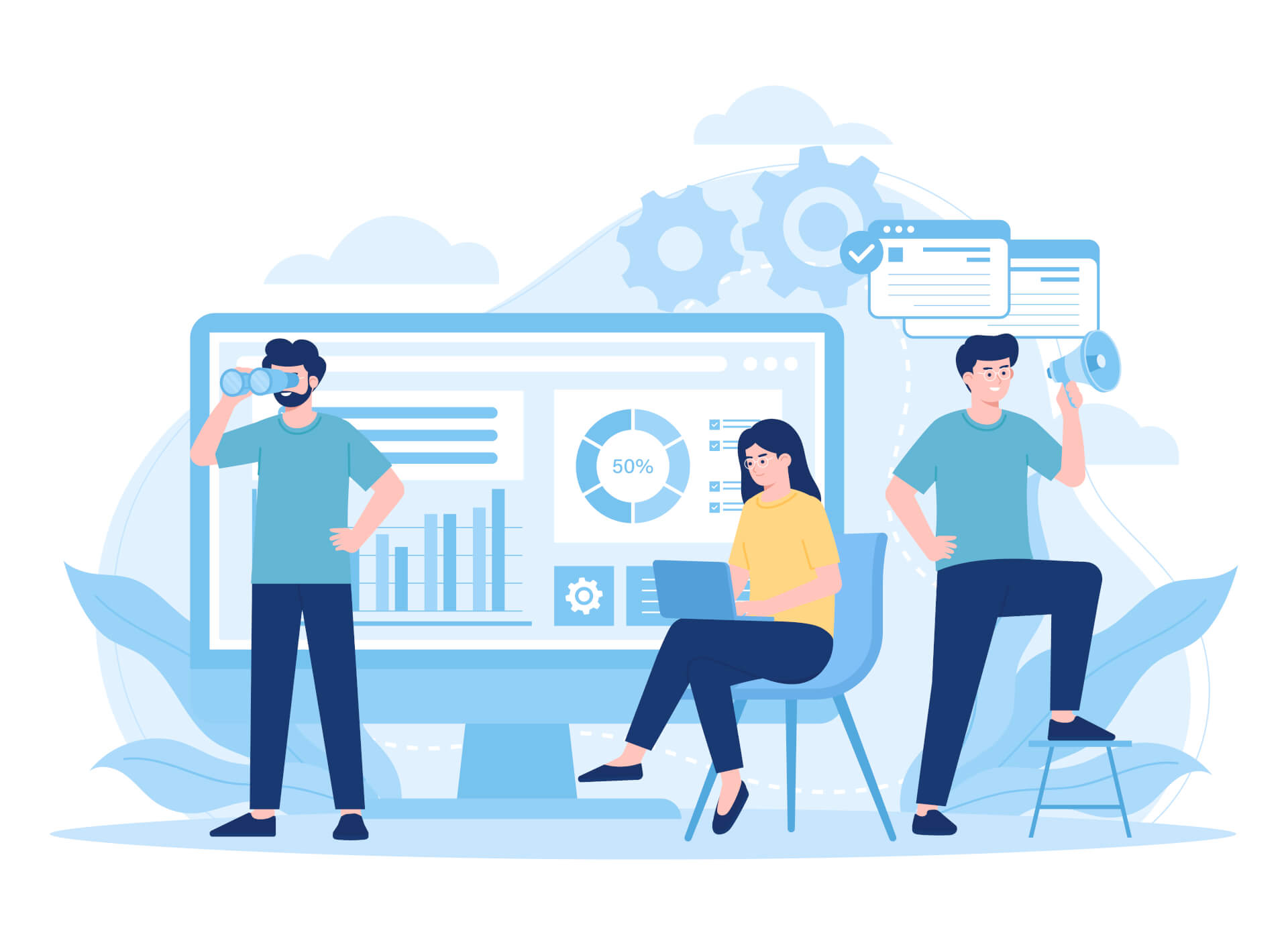 Illustration of three persons, sitting and standing in front of a giant screen, planning implementation. 