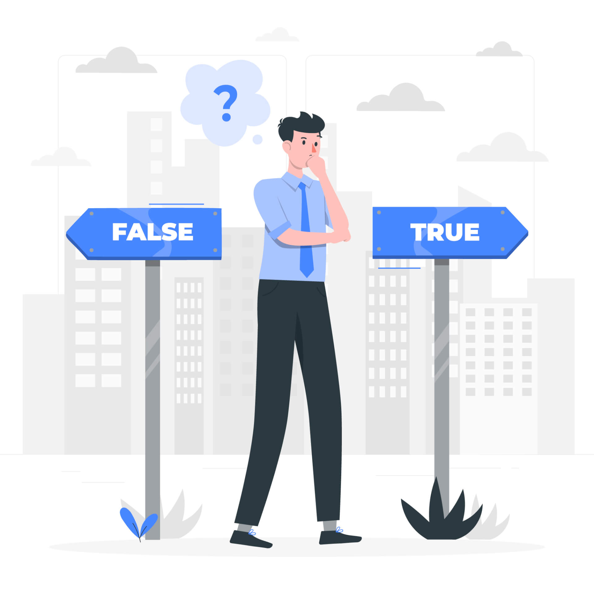 Abstract Illustration of a man, wondering, standing in-between to signs, pointing to different directions, one saying Fales, the other saying true