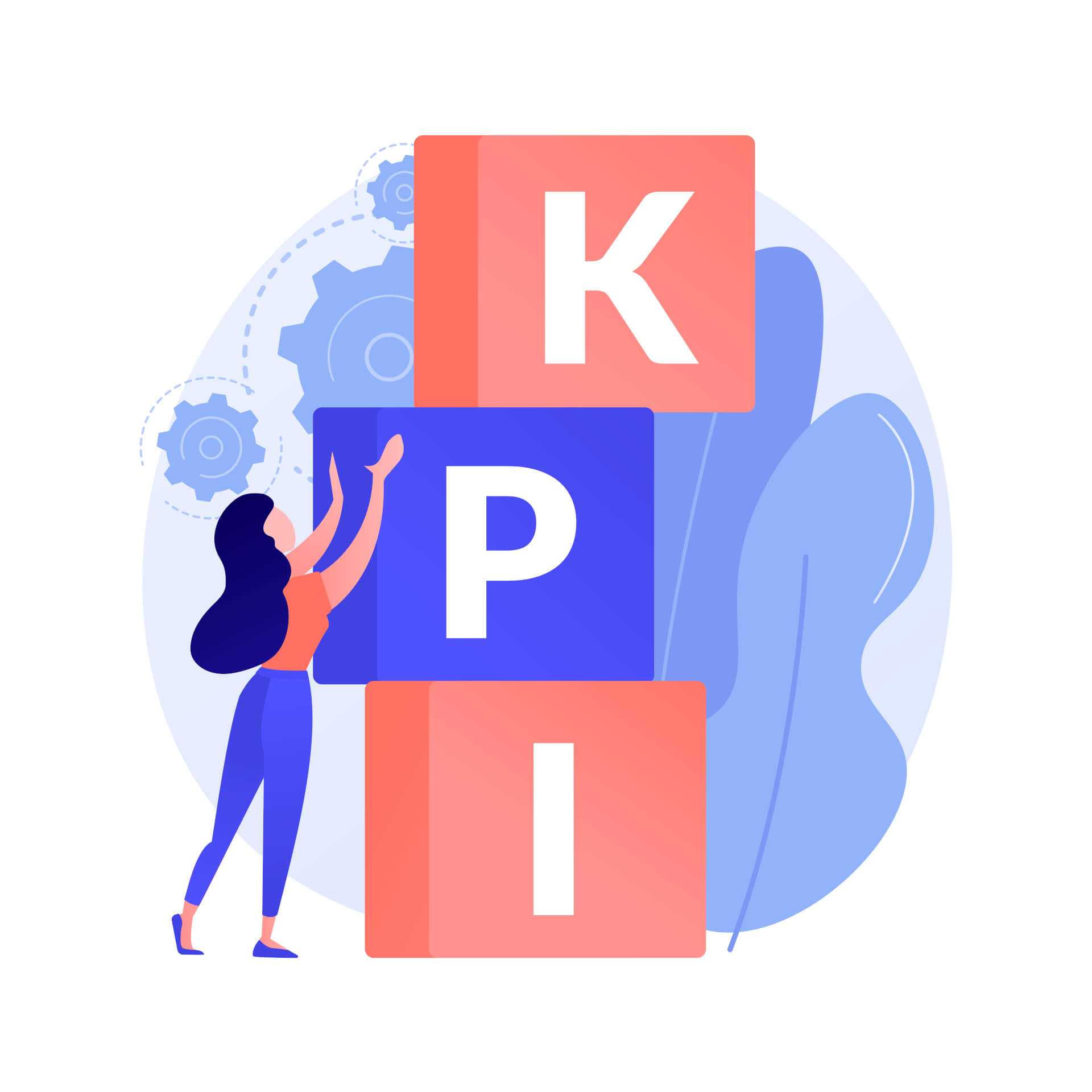 Illustration of a woman stacking giant boxes with letters on them, forming the appreviation KPI