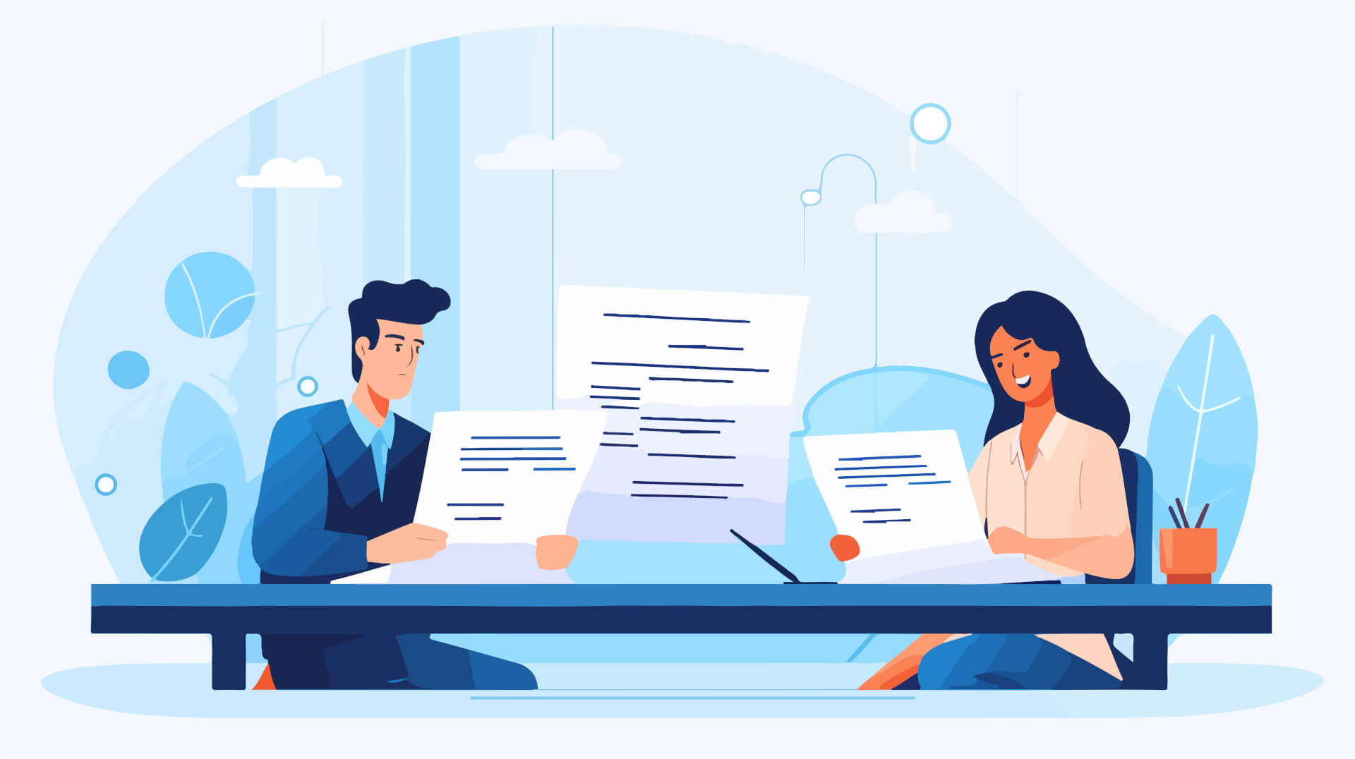 Illustration von zwei Personen, die an einem Tisch sitzen, Dokumente betrachten und planen.