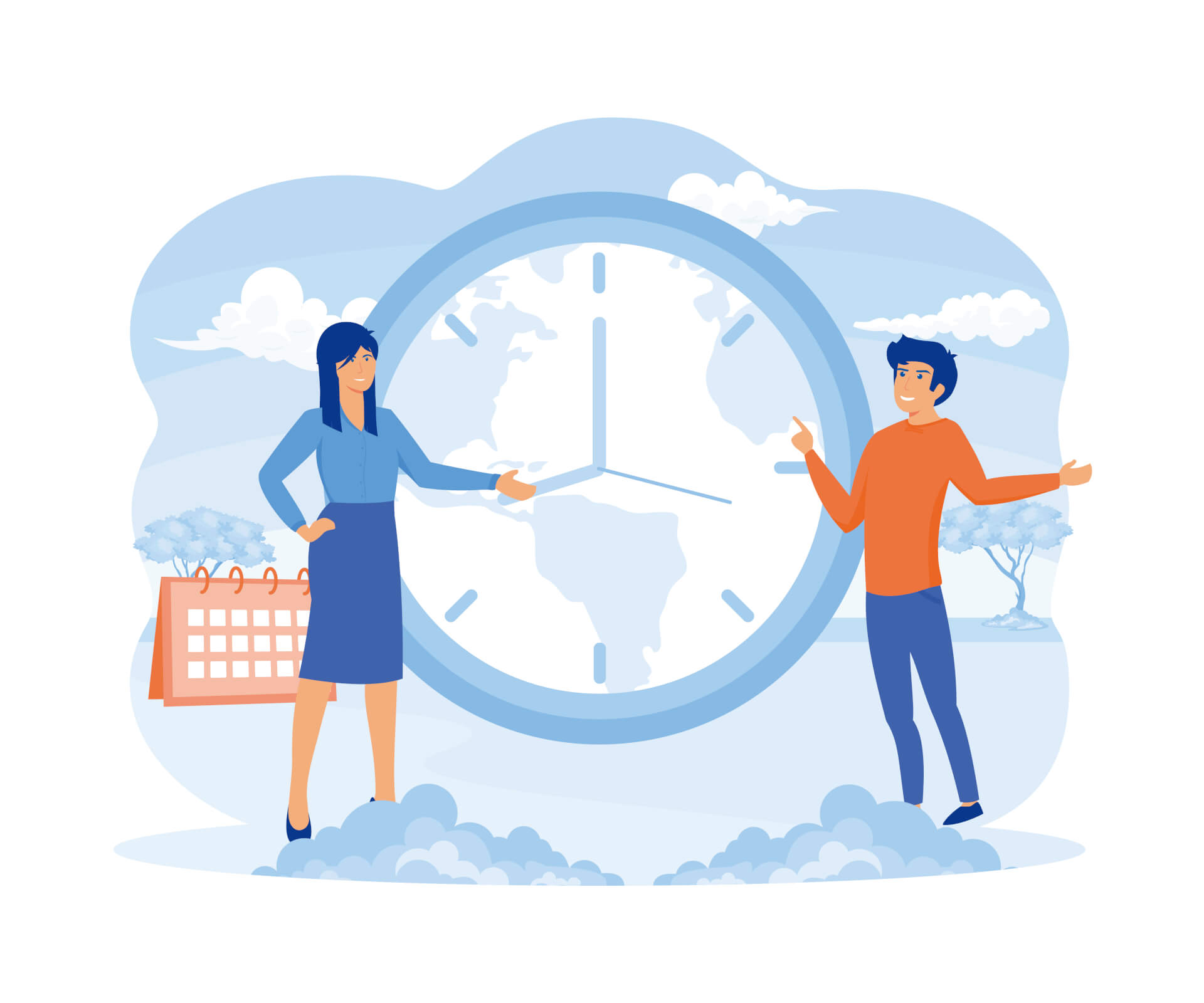 Abstrakte Illustration eines Mannes und einer Frau, die über den Zeitrahmen sprechen. Im Hintergrund schwebt eine große Uhr.