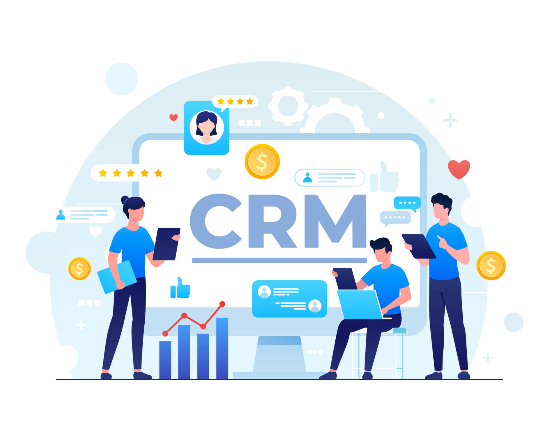 Abstract Illustration of a big computer display showing the text CRM, gears and statistics in the background, a woman standing left, two men on the right, holding electronic devices.