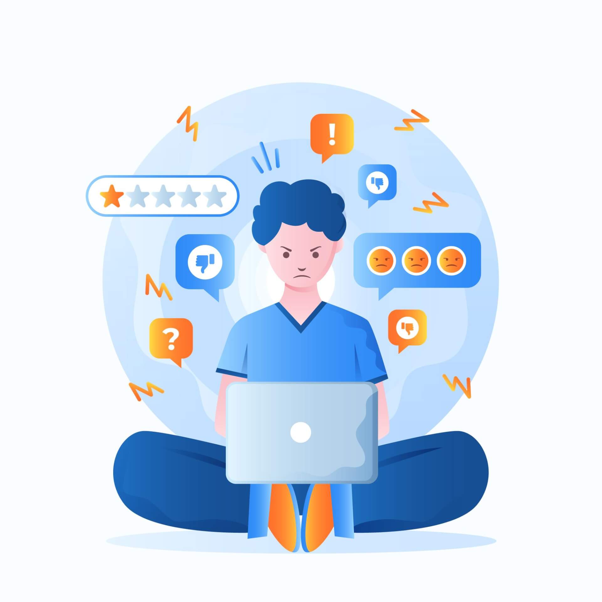 Illustration eines Mannes, der mit seinem Laptop auf dem Schoß sitzt und wütend aussieht.