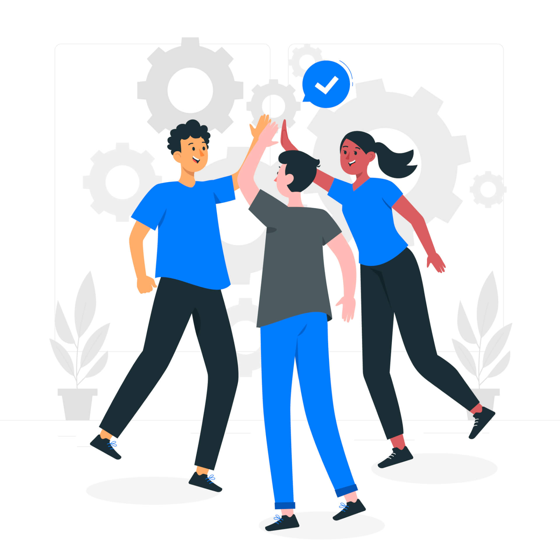 Abstract Illustration of 3 people happy, jumping, high five, gears in the background.