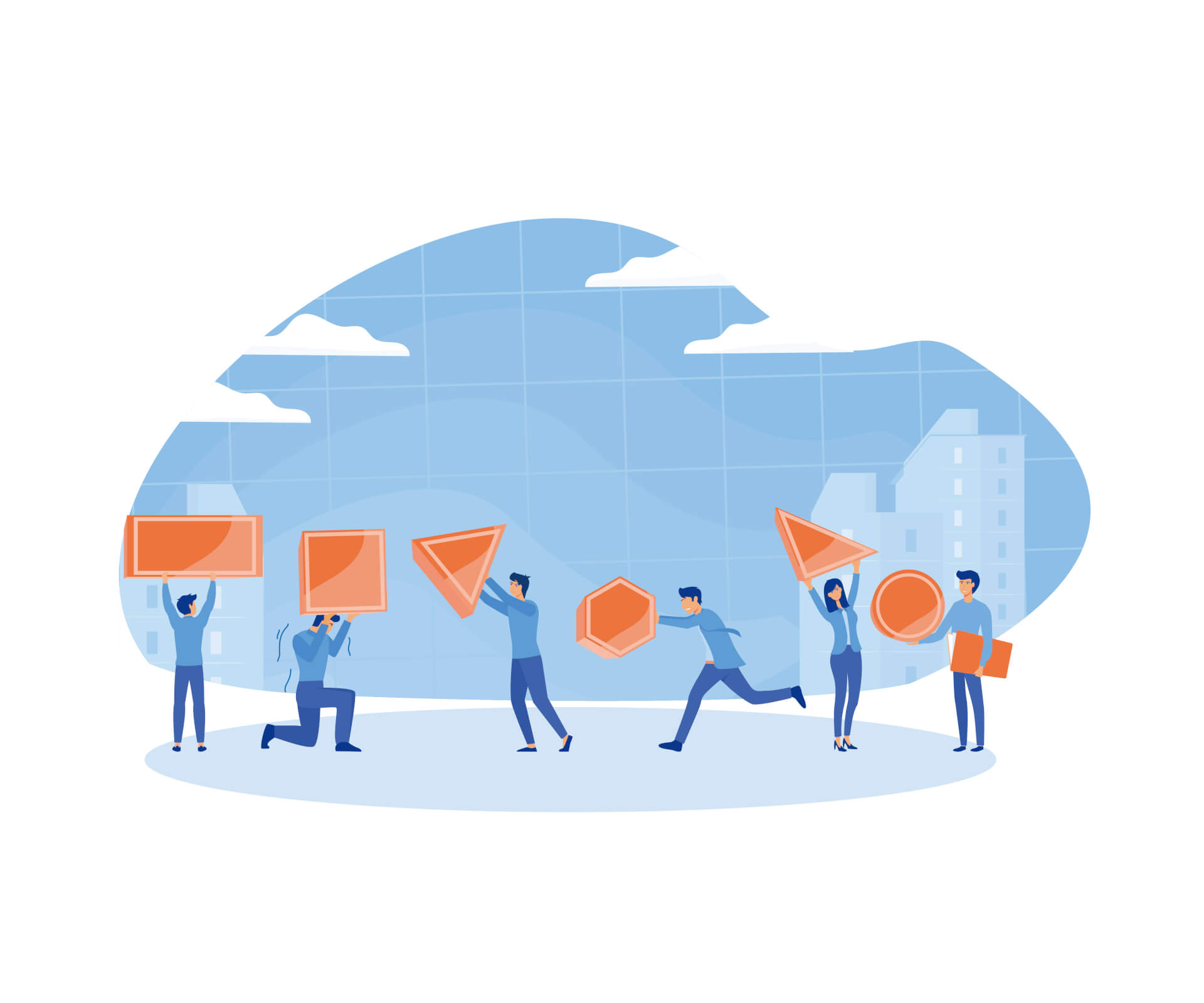 Illustration of a group of people, carrying giant forms like triangles and squares, symbolizing multimedia elements