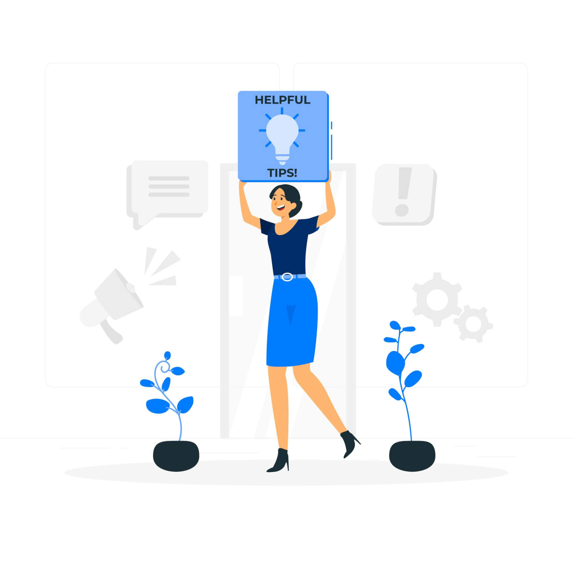 Illustration of a woman holding up a sign saying HELPFUL TIPS