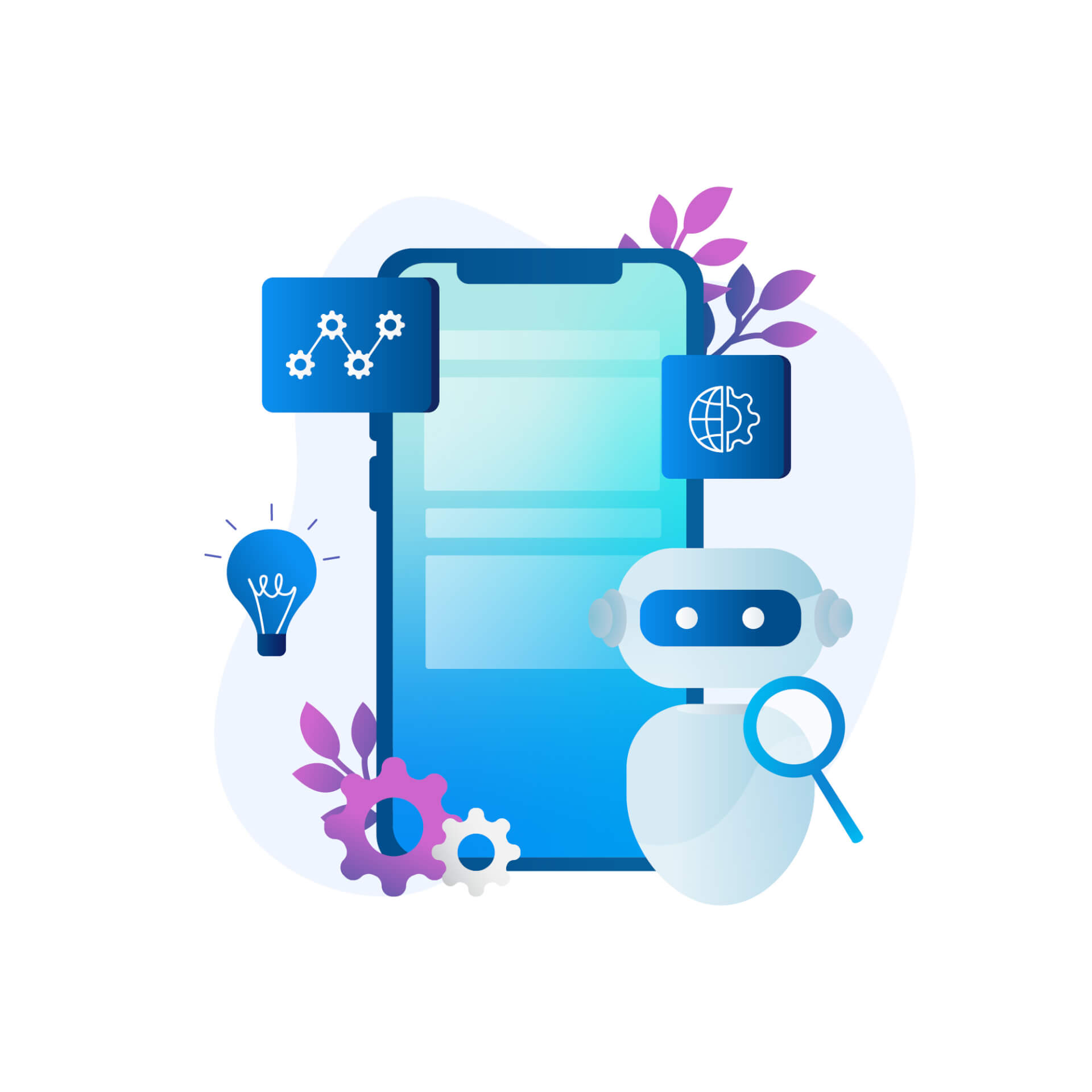 Illustration of a phone display with a robot standing in front of it. 