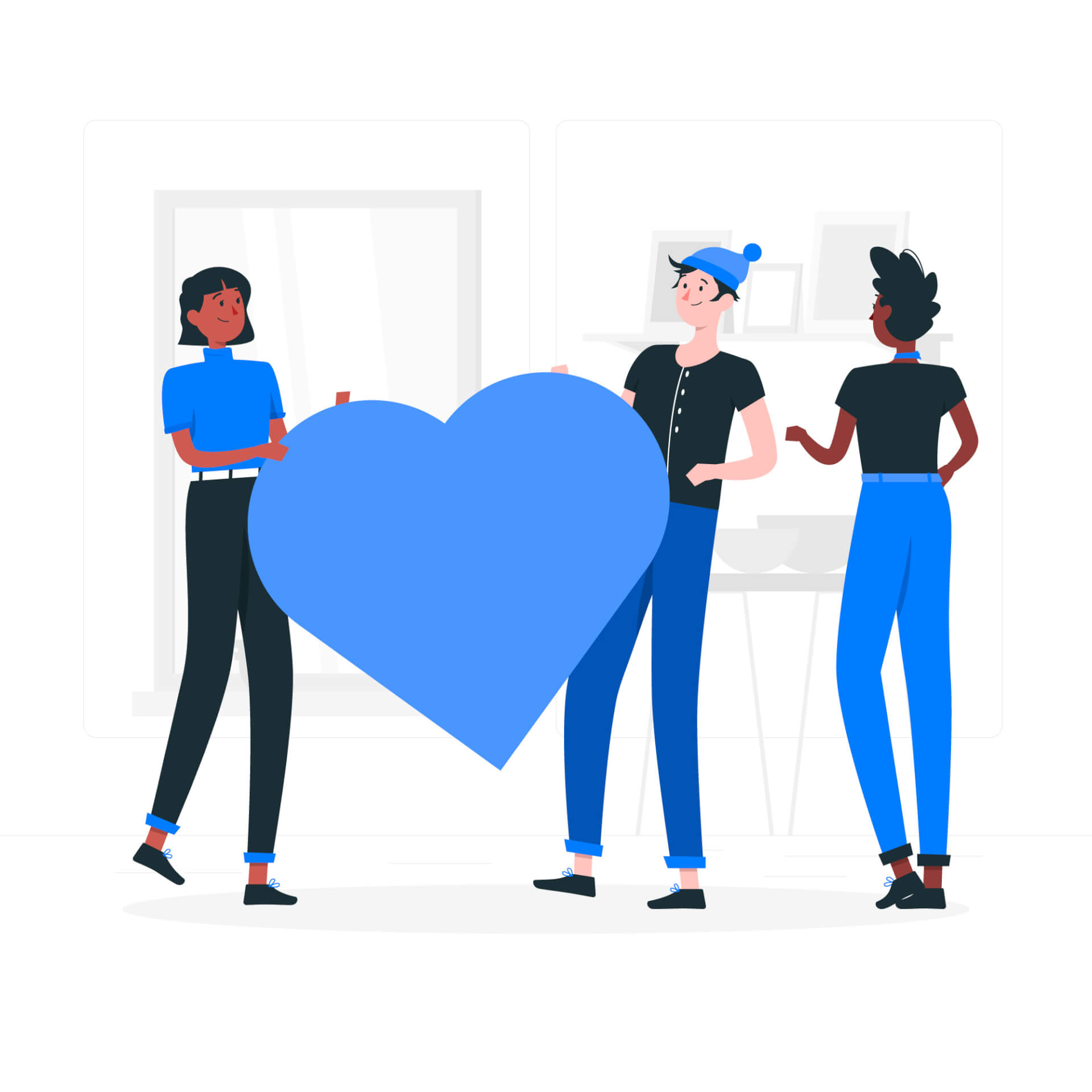 Abstract Illustration of of three persons standing next to each other, two are holding a big blue heart.