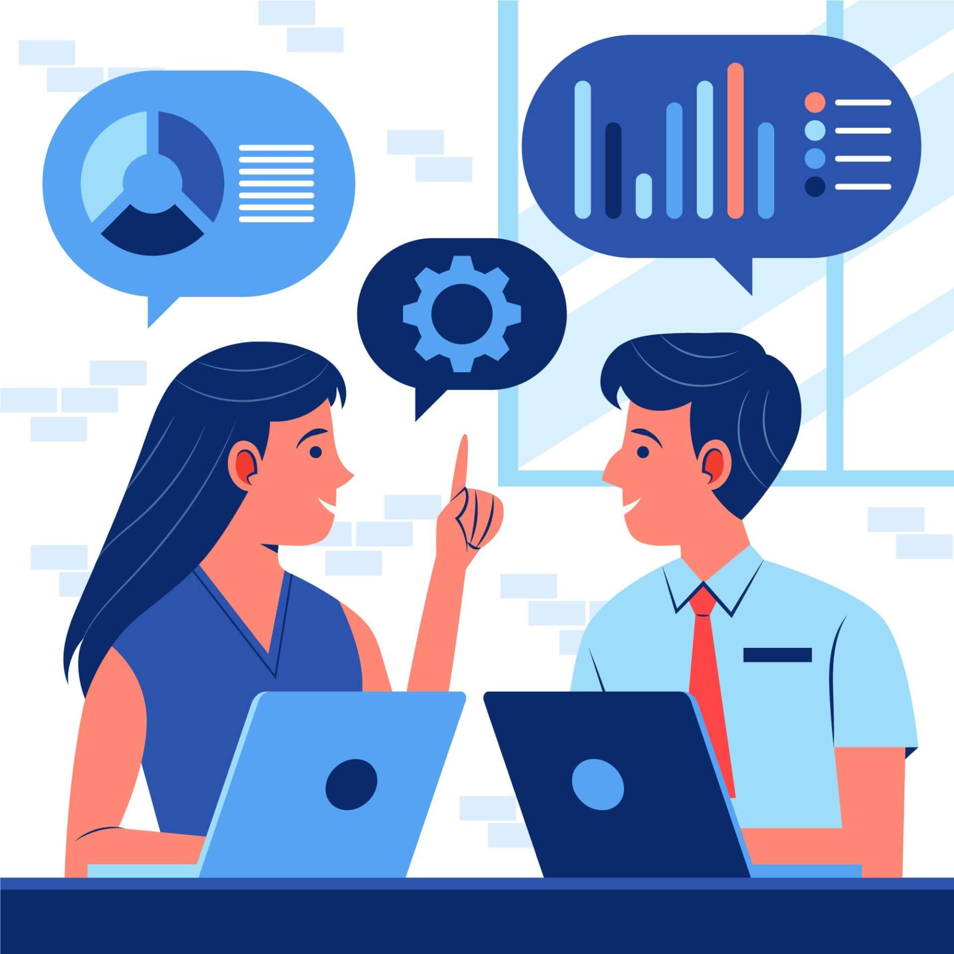 Abstract Illustration of two people sitting n front of laptops, talking, speech bubbles over them.