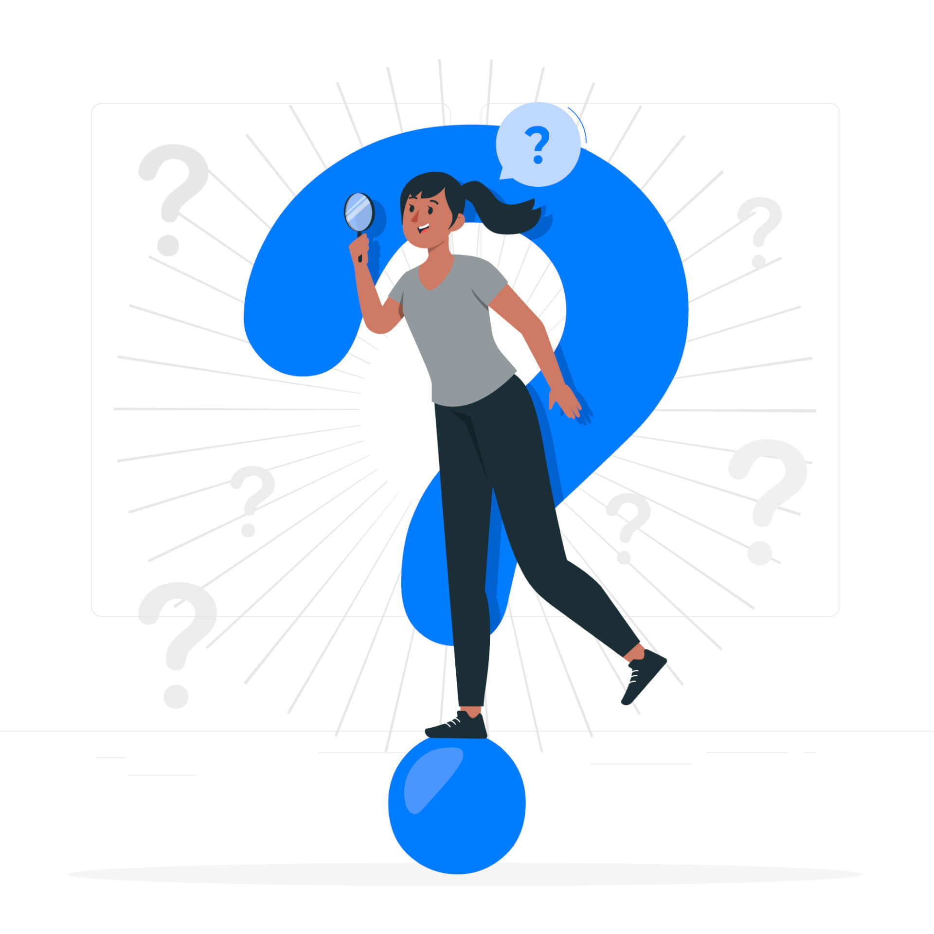 Abstract Illustration of a woman standing on the dot of a huge question mar, and a speech bubble with a question mark over her.