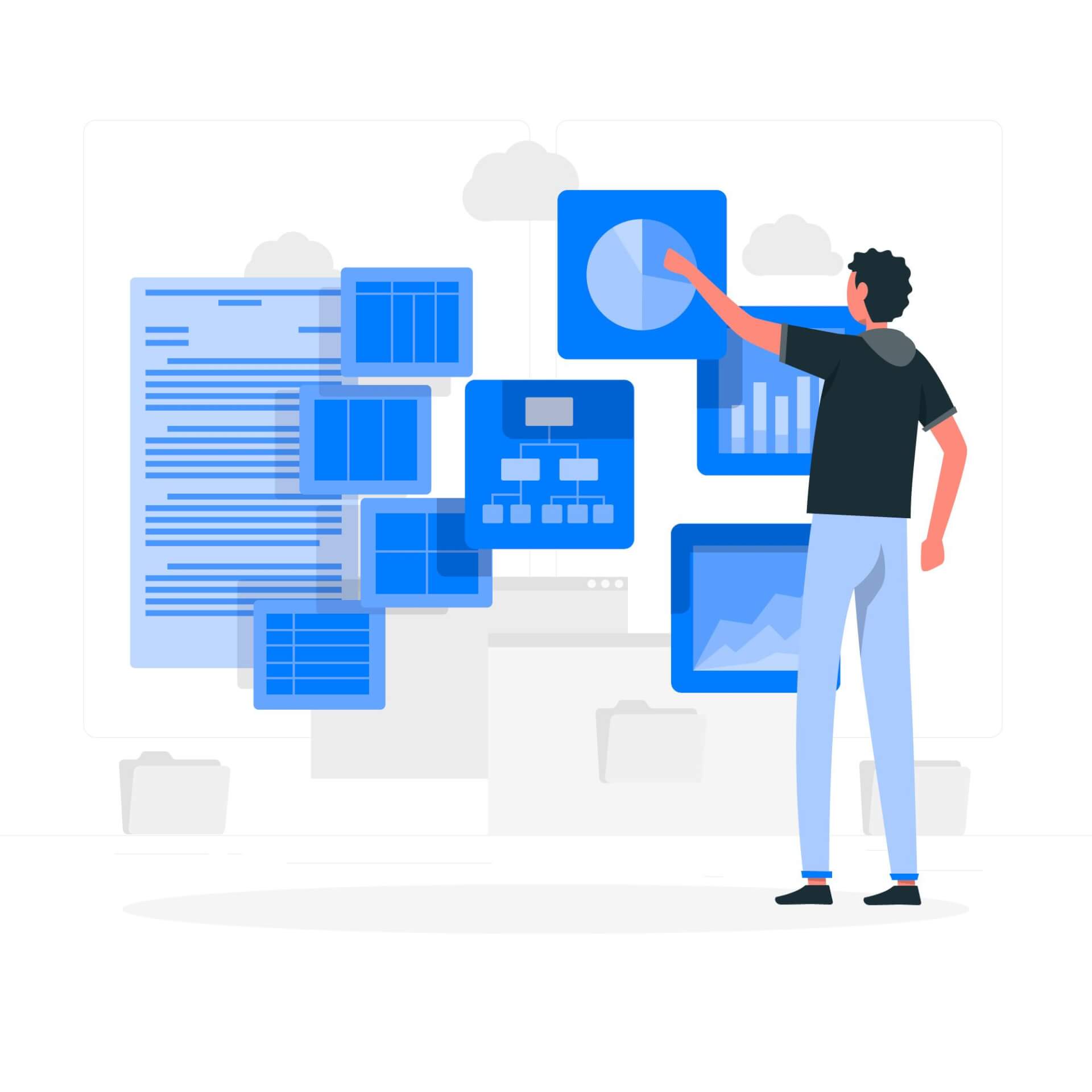 Abstract Illustration of multiple displays, a man standing in front, working on them, changing settings.