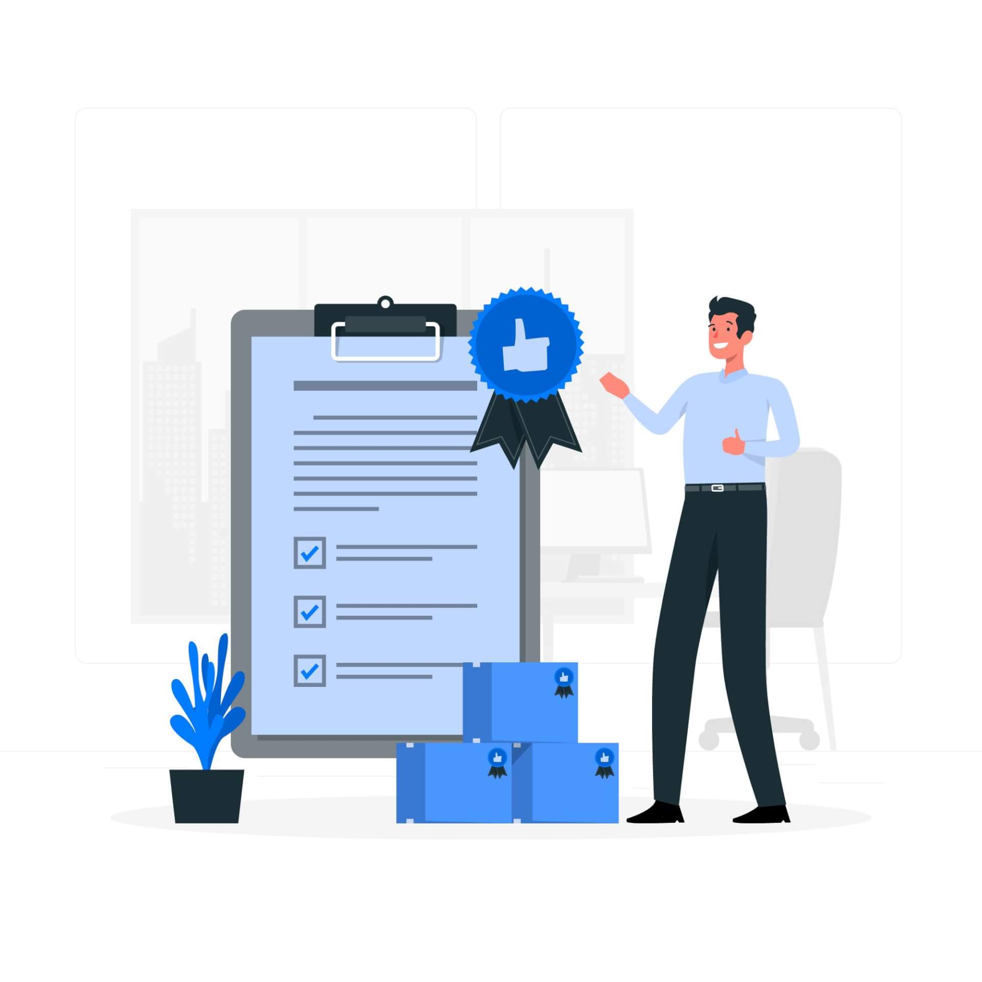 Abstract Illustration of a huge document, a certified badge on it, a man standing next to it, pointing on it, happy.