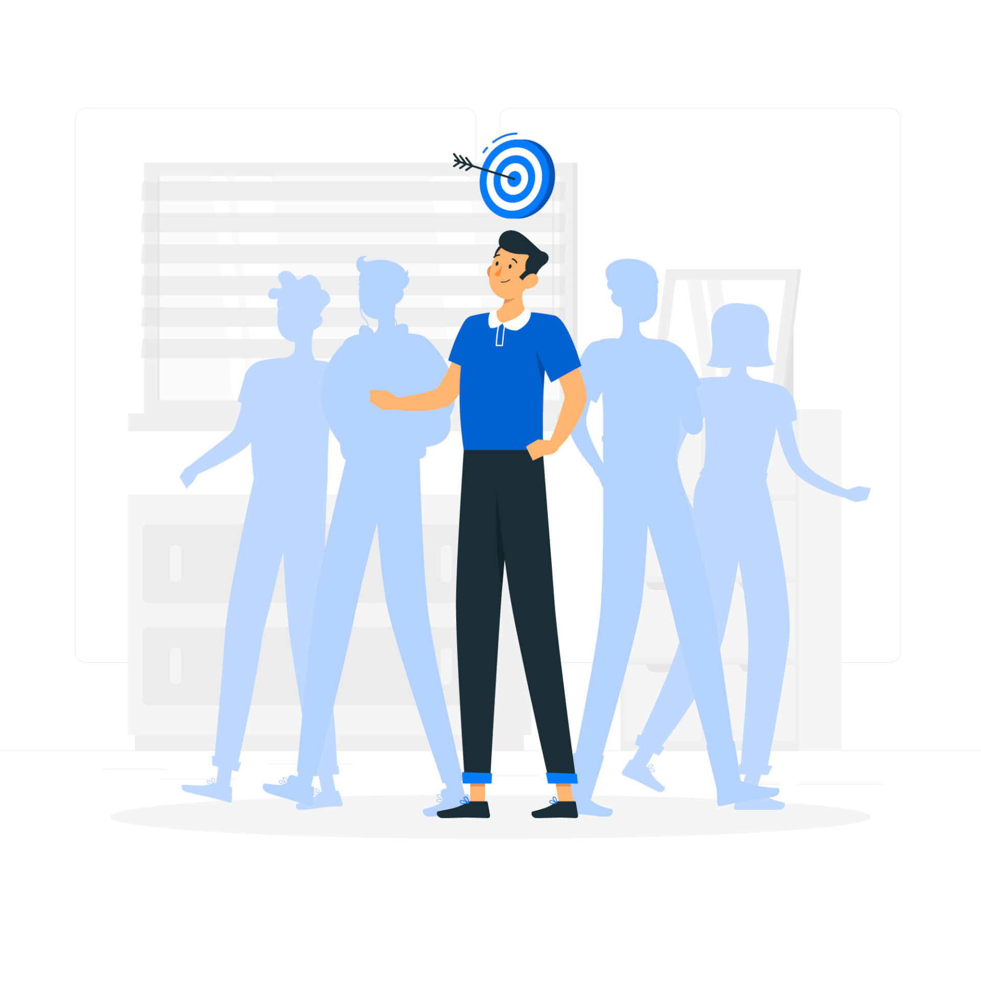 Illustration of a man with a target and arrow over his hed, around him, silhouettes of other persons.