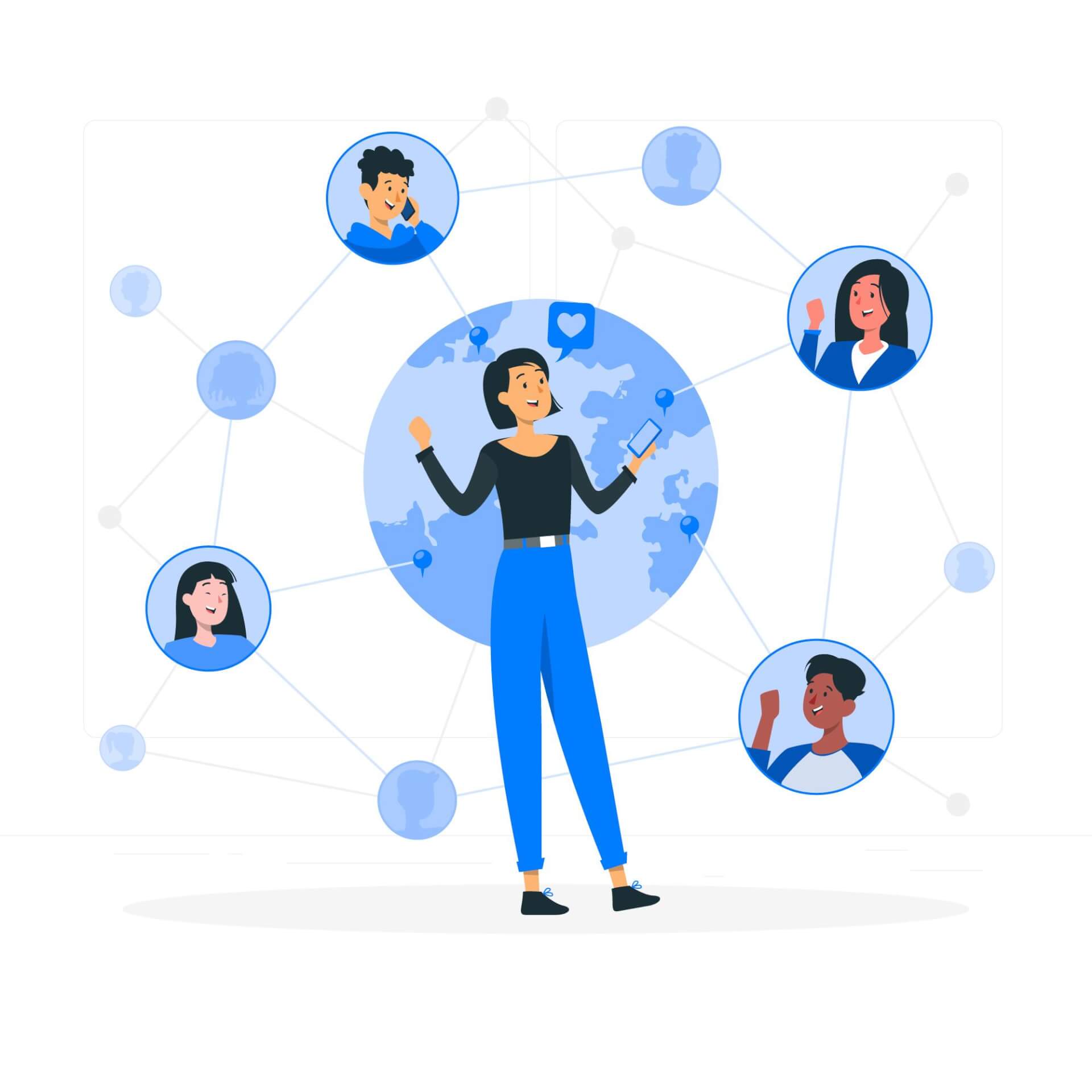 Abstract Illustration of a woman in center, around here faces from other persons in bubbles, lines with connections between them, a globe in the background.
