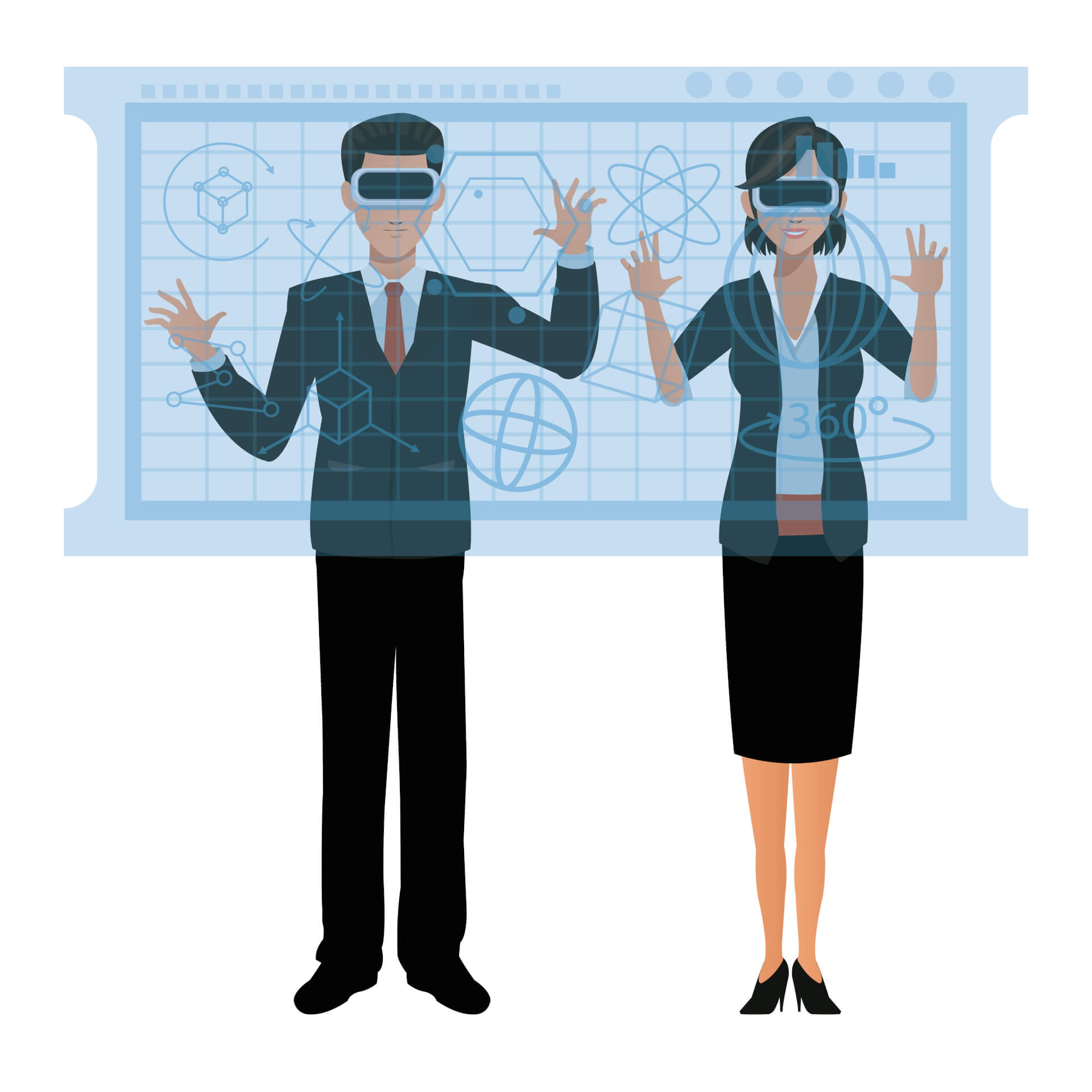 Illustration of two persons working on a futuristic display.