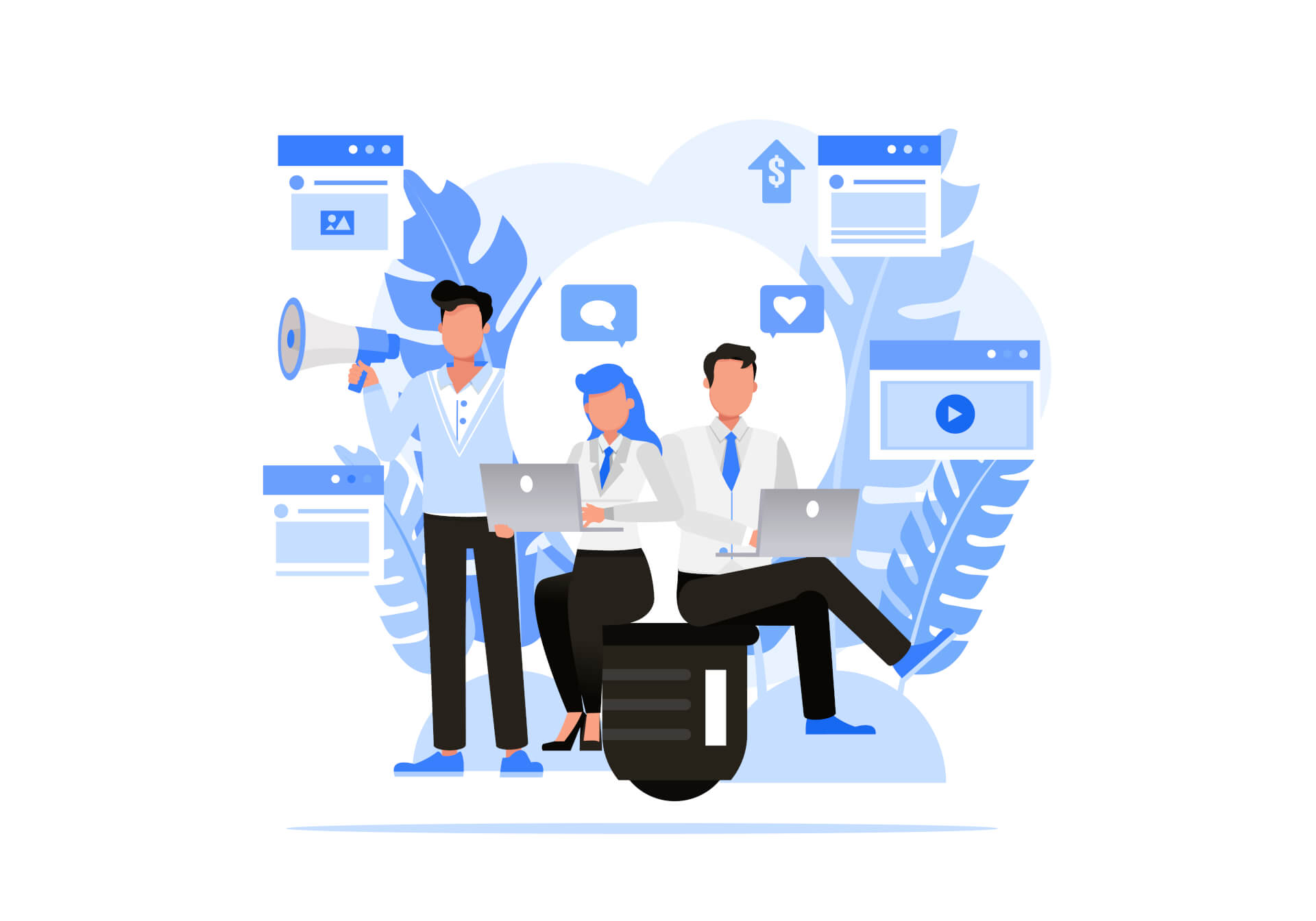 Abstract Illustration of three persons working on electronic devices, doing marketing. Symbols of social media and online media around them.