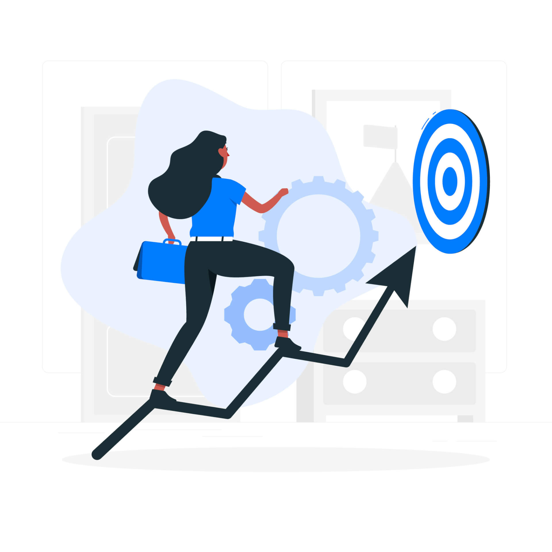 Abstrakte Illustration einer Frau, die auf einem Diagramm zum Ziel klettert.