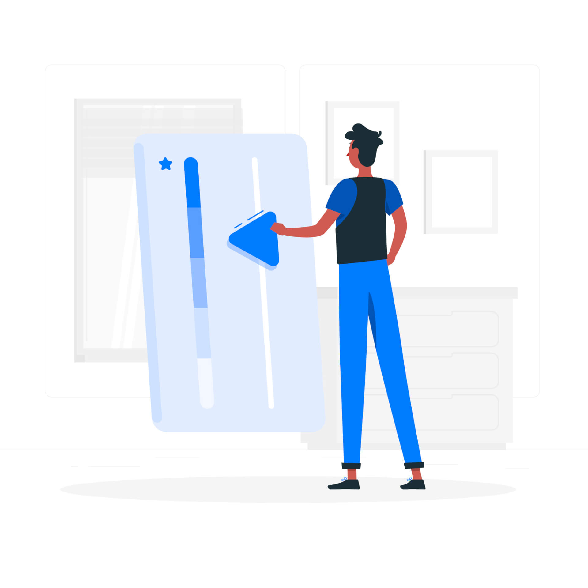 Abstrakte Illustration eines Mannes, der vor einem riesigen Smartphone steht und Einstellungen ändert.