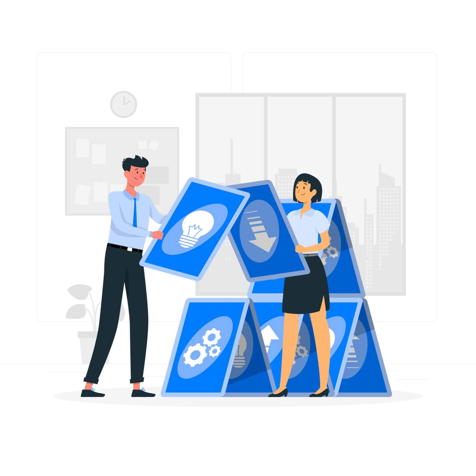 Abstract Illustration of two persons, hlding big cards, stacking them to a house of cards