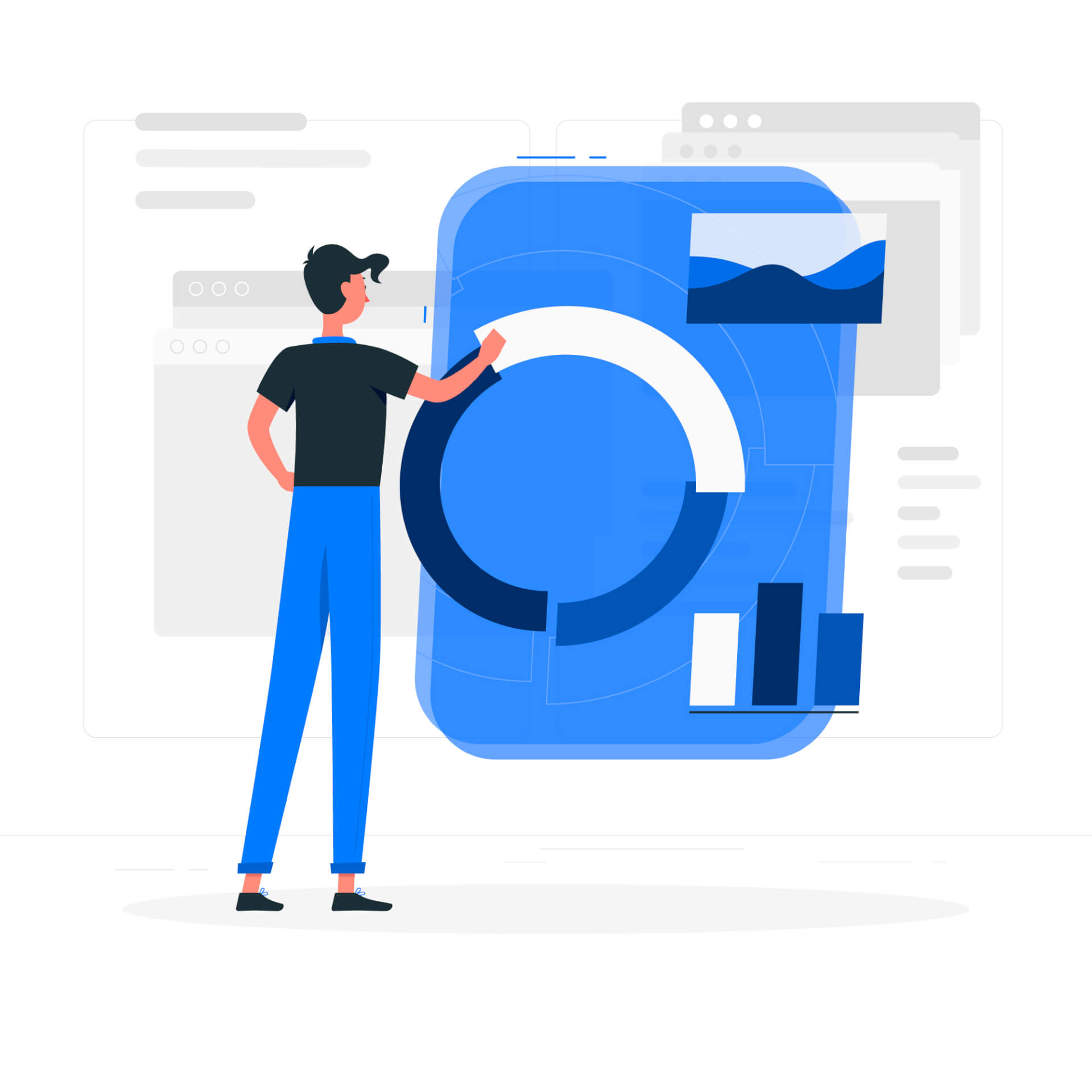 Abstract Illustration of a man standing in front od a giant screen, making changes on settings.