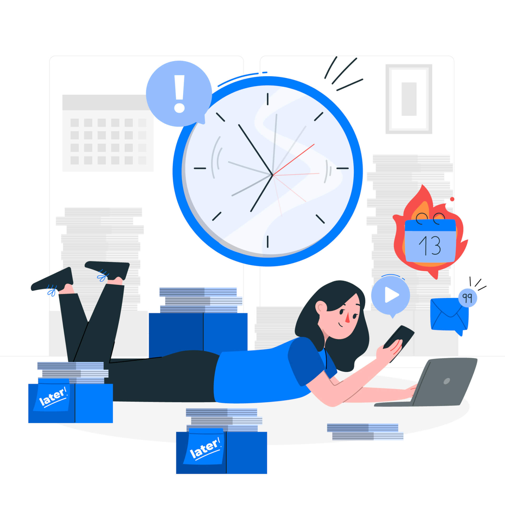 Abstract Illustration of a woman laying on ground, stacked documents around her, a laptop in front. a big clock hovering over her.