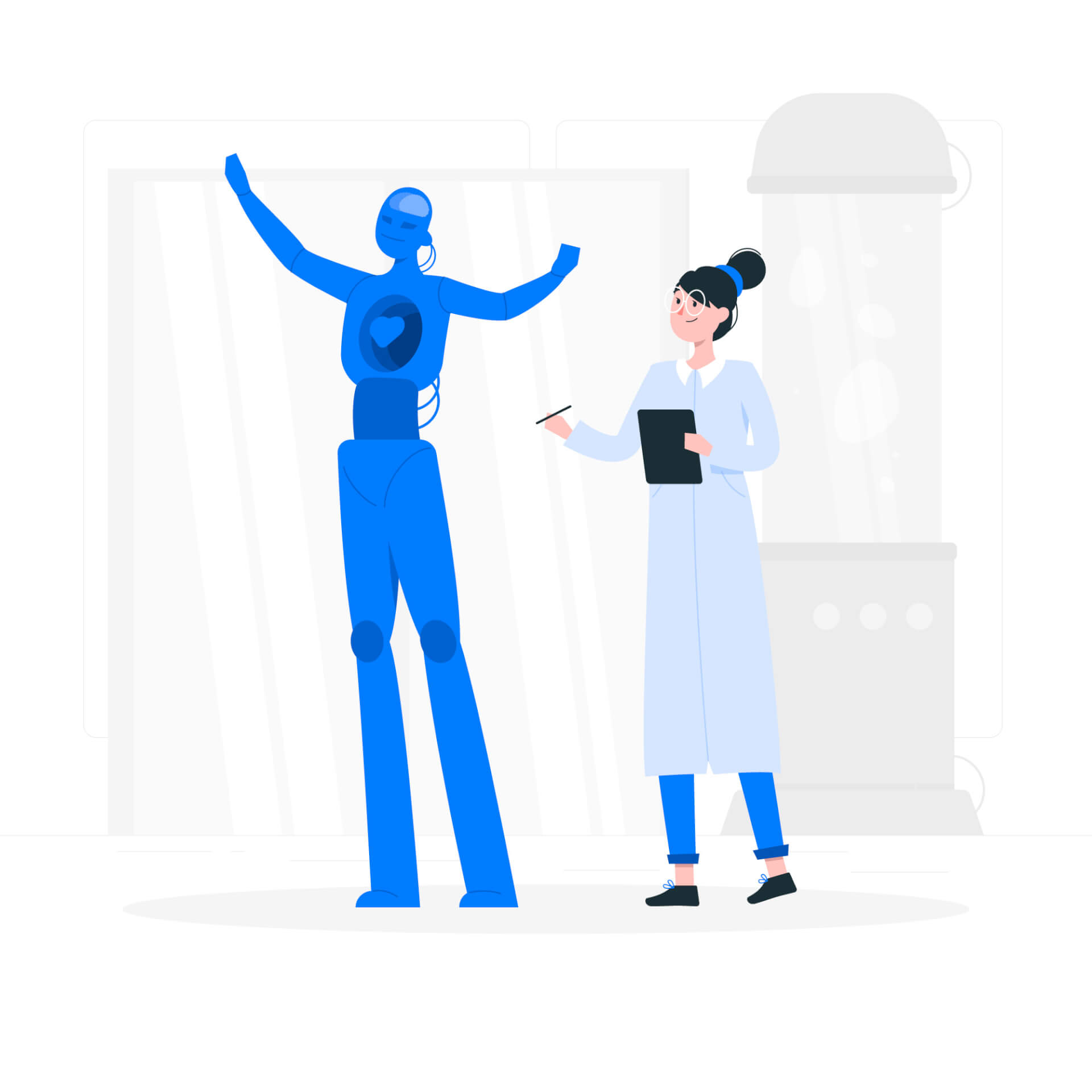 Illustration eines Wissenschaftlers, der an einem humanoiden Roboter arbeitet, auf dessen Brust ein Herz angezeigt wird.