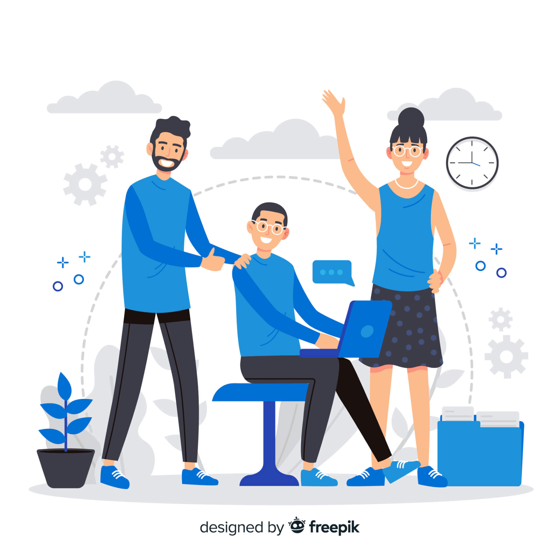 Illustration of three persons, one sitting on chair, working on laptop, man standing next to him, happily cheering, a woman on the right waving hands.