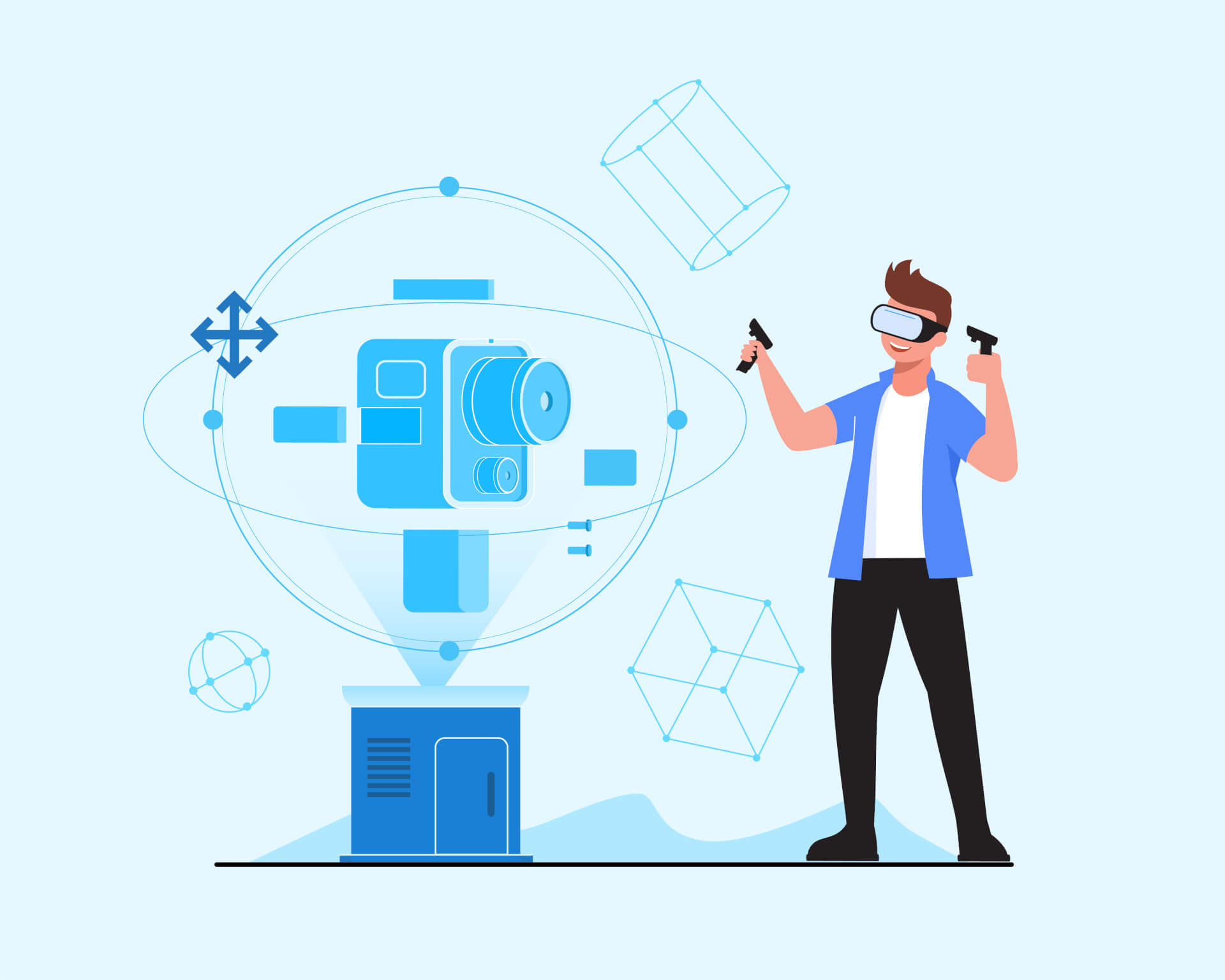 Illustration eines Mannes mit VR-Brille, der futuristische Bildschirme betrachtet.
