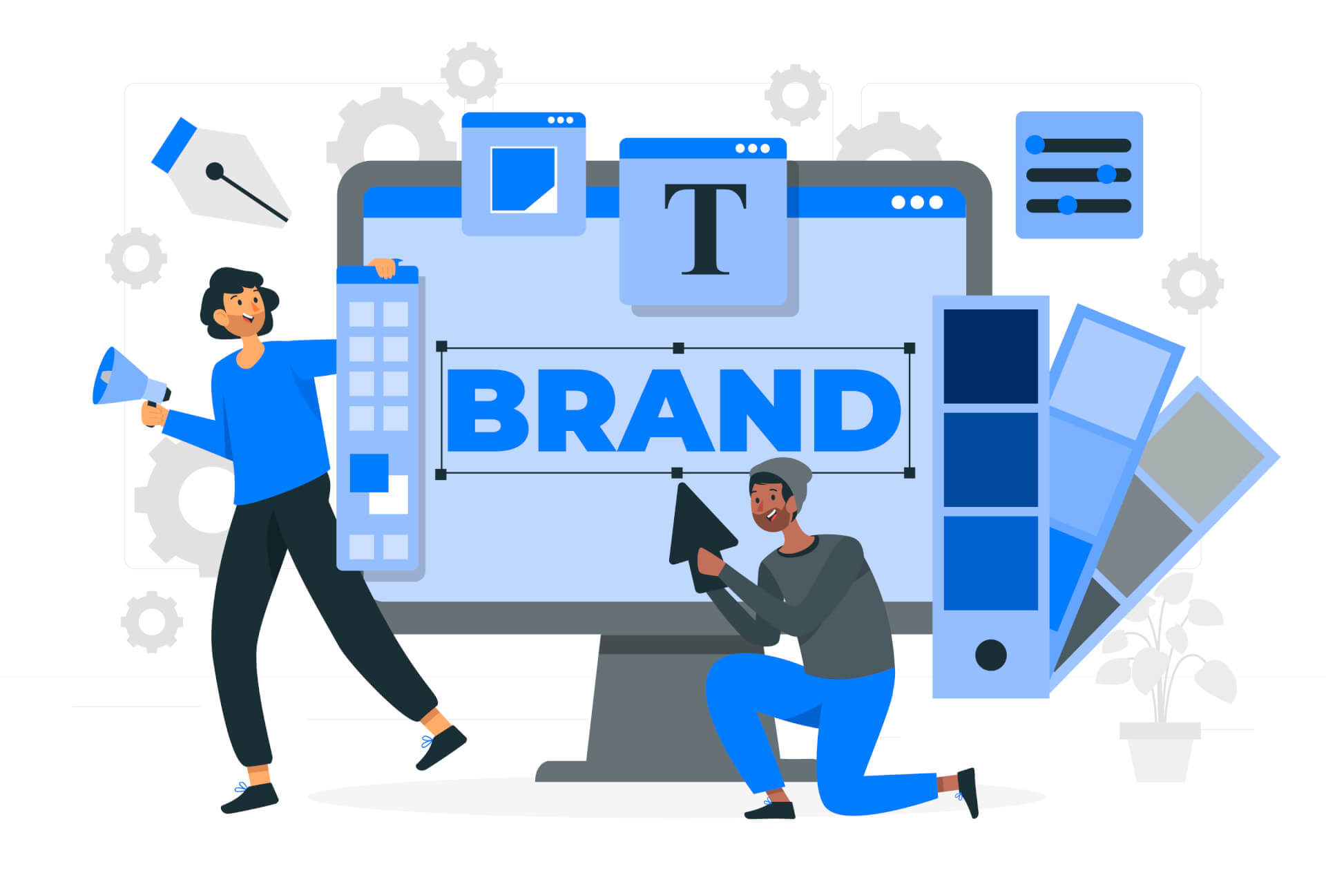 Abstrakte Illustration eines riesigen Browser-Tabs, mit verschiedenen Elementen wie Schriften, Farbpalette und Einstellungen, die davor schweben. Zwei Männer versuchen, Elemente hinzuzufügen, in der Mitte des Bildschirms der Schriftzug: BRAND