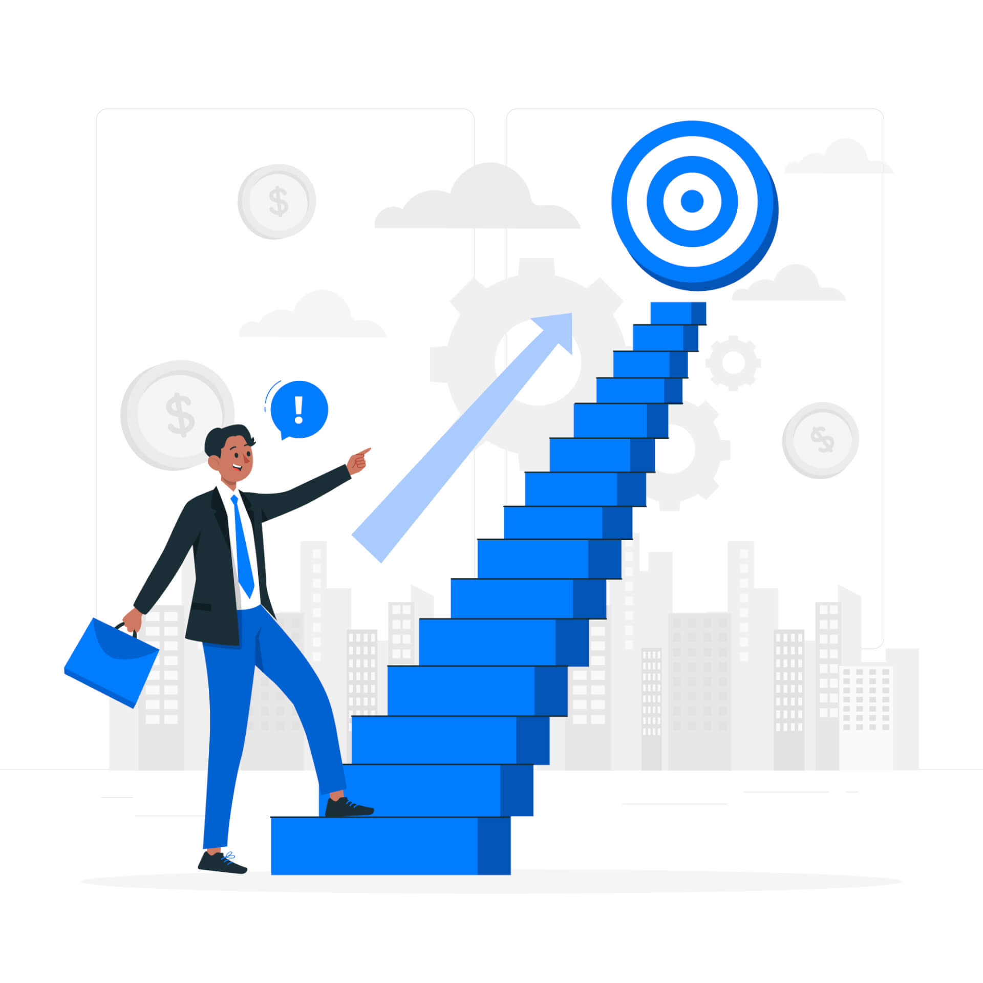 Illustration of a man standing at the bottom of a stair, a target with arrow on top of the stairs.