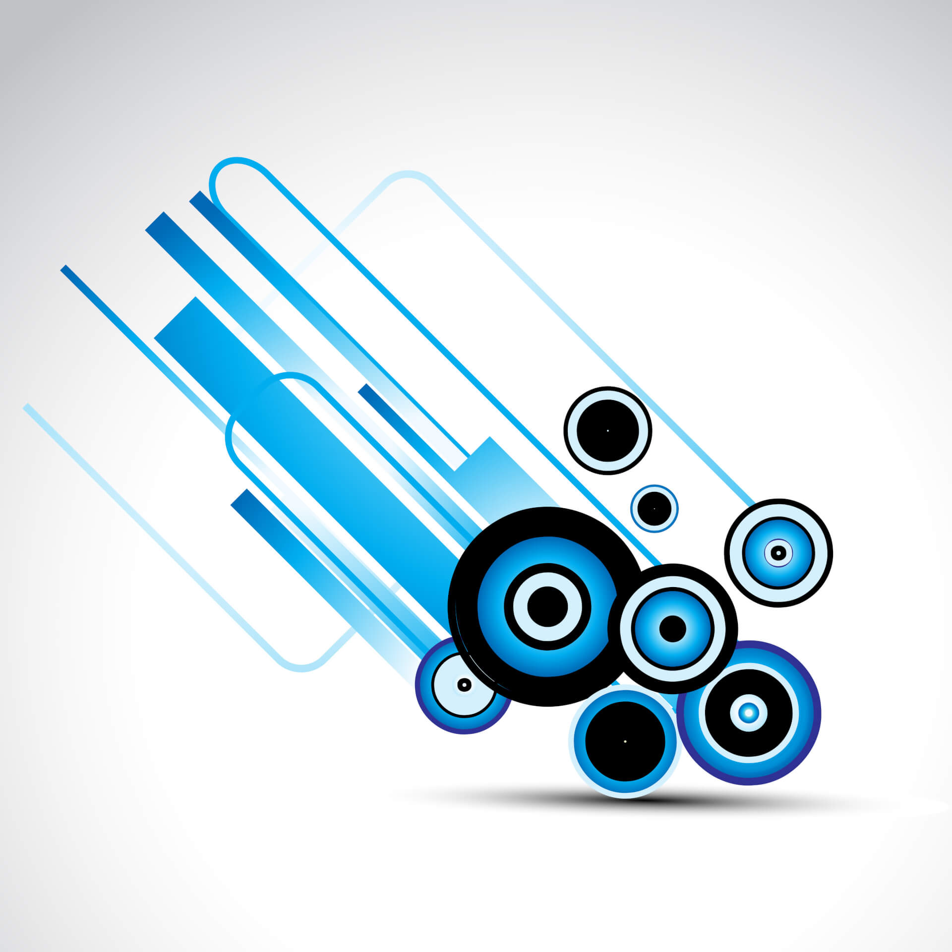 Abstract Illustration of round shapes and lines in blue, metallic and black.