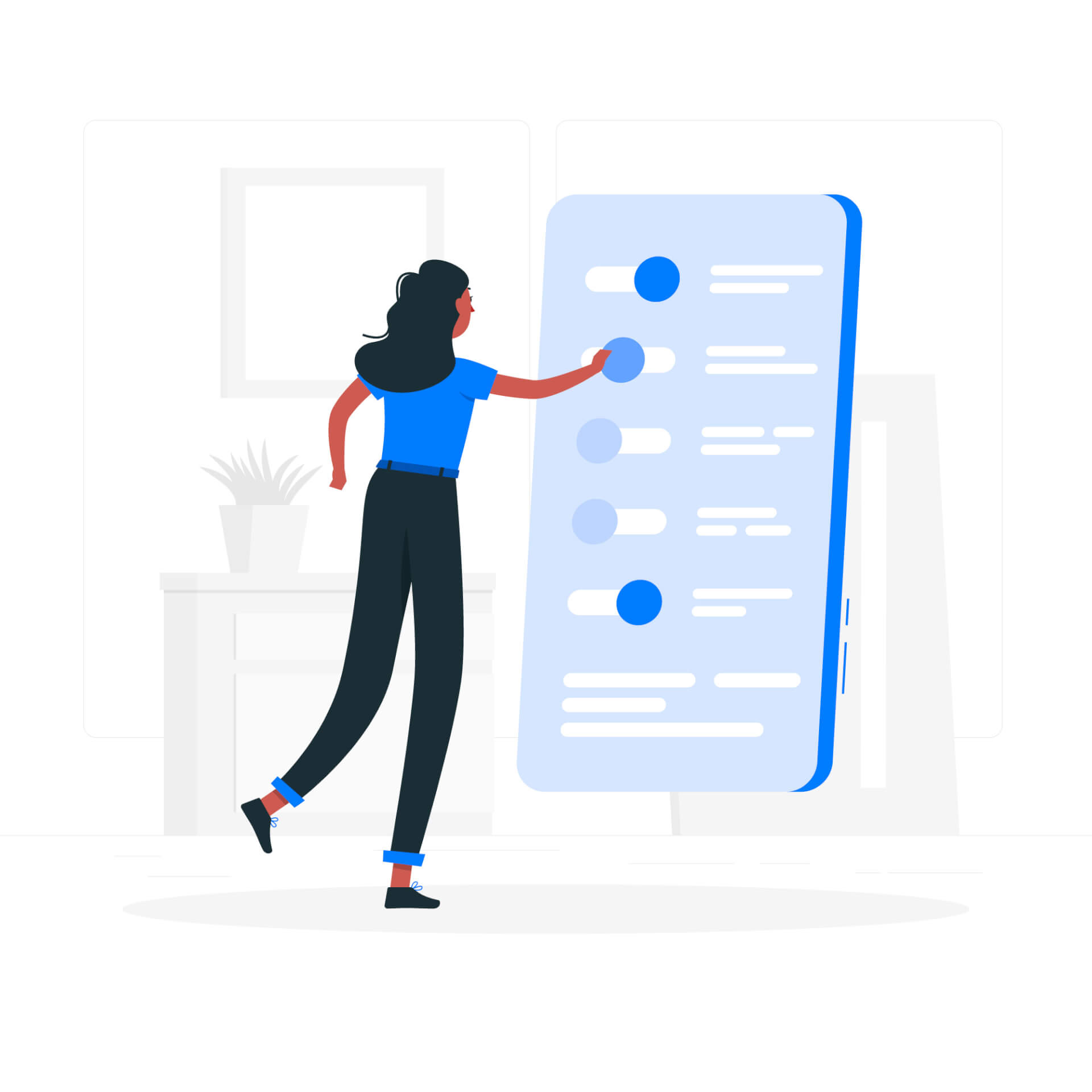 Abstract Illustration of a woman in front of a big smartphone display, making changes to settings.