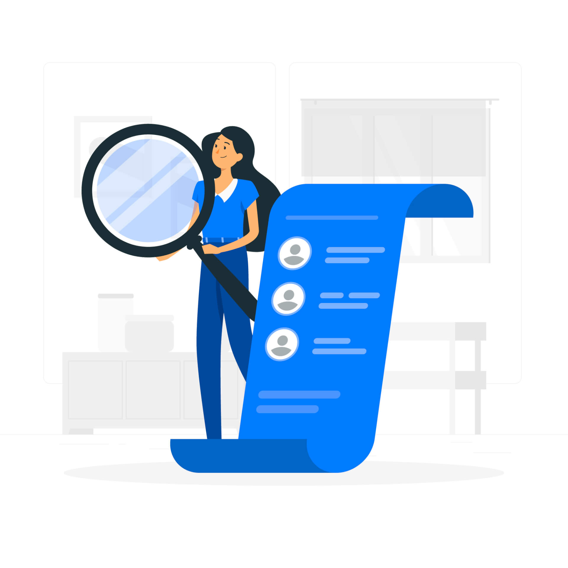 Abstract Illustration of a giant magnifying glass, standing next to a giant paper with writing and pictures on it. 