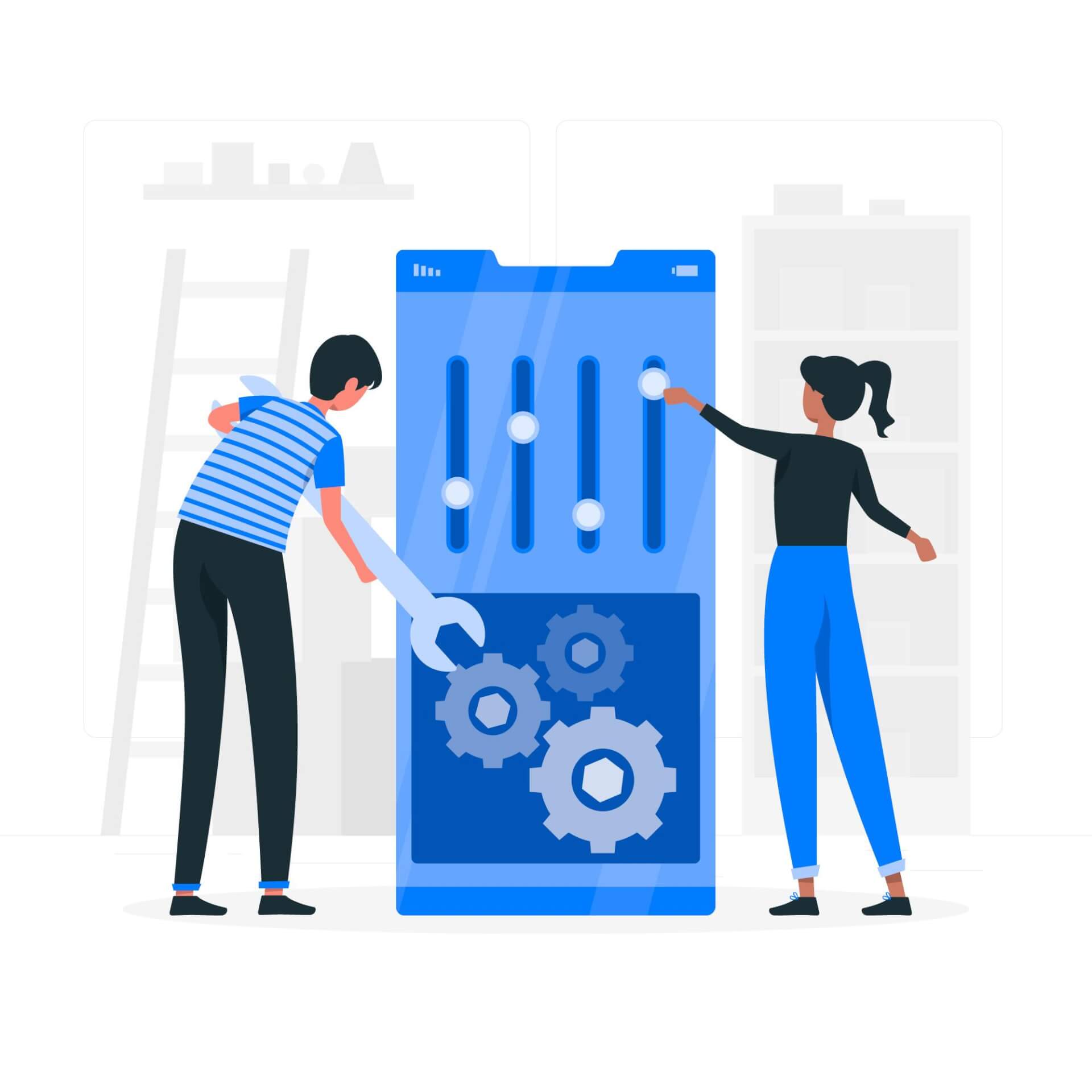 Abstrakte Illustration eines Mannes und einer Frau, die an einem riesigen Bildschirm arbeiten und Änderungen an den Einstellungen vornehmen.