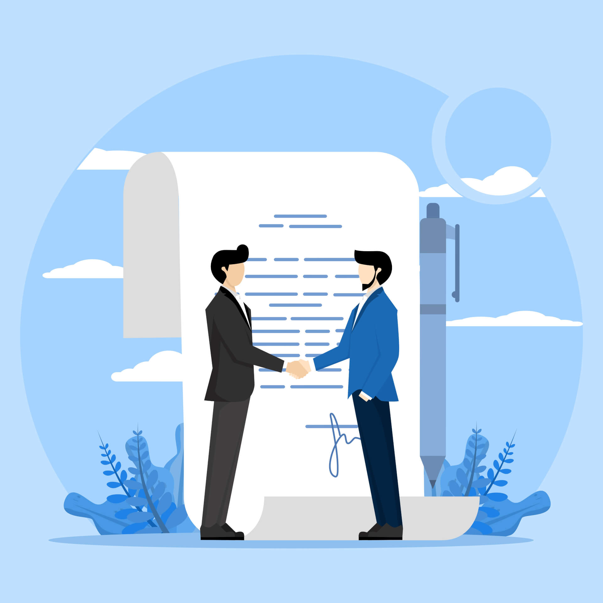 Abstract Illustration of two men shaking hands, a giant contract that is signed in the background. 