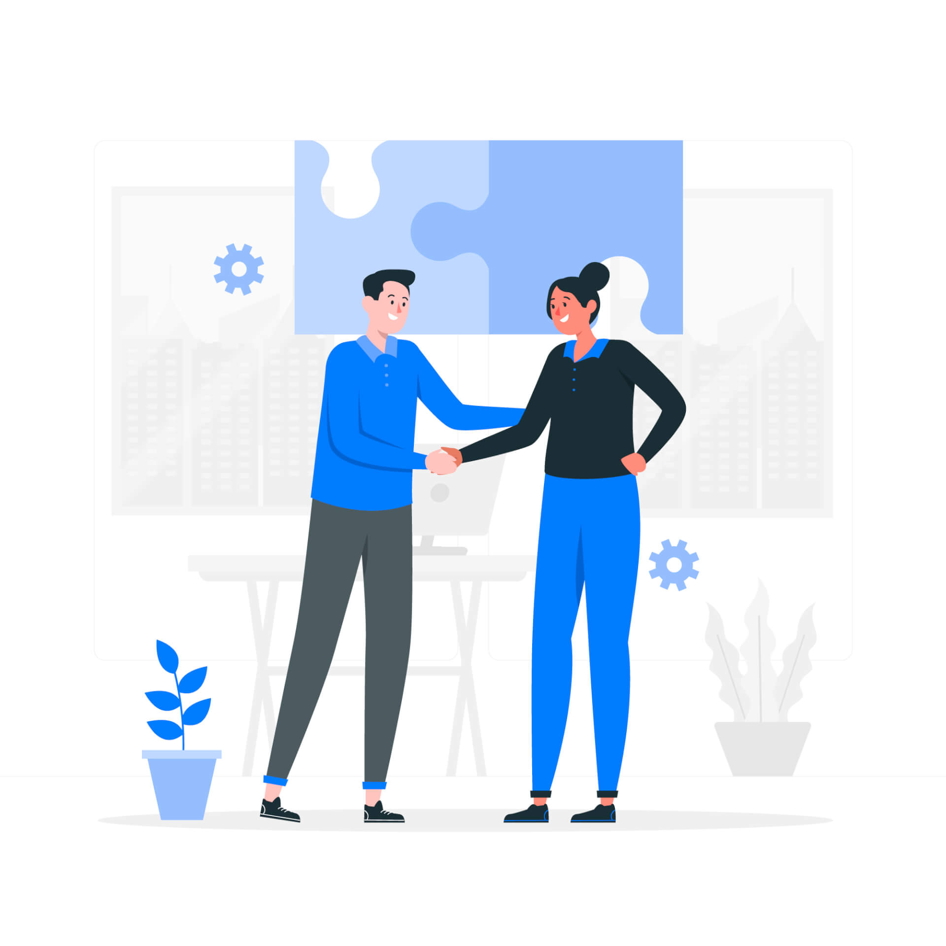 Abstrakte Illustration eines Mannes und einer Frau, die sich die Hand schütteln, Puzzleteile im Hintergrund.