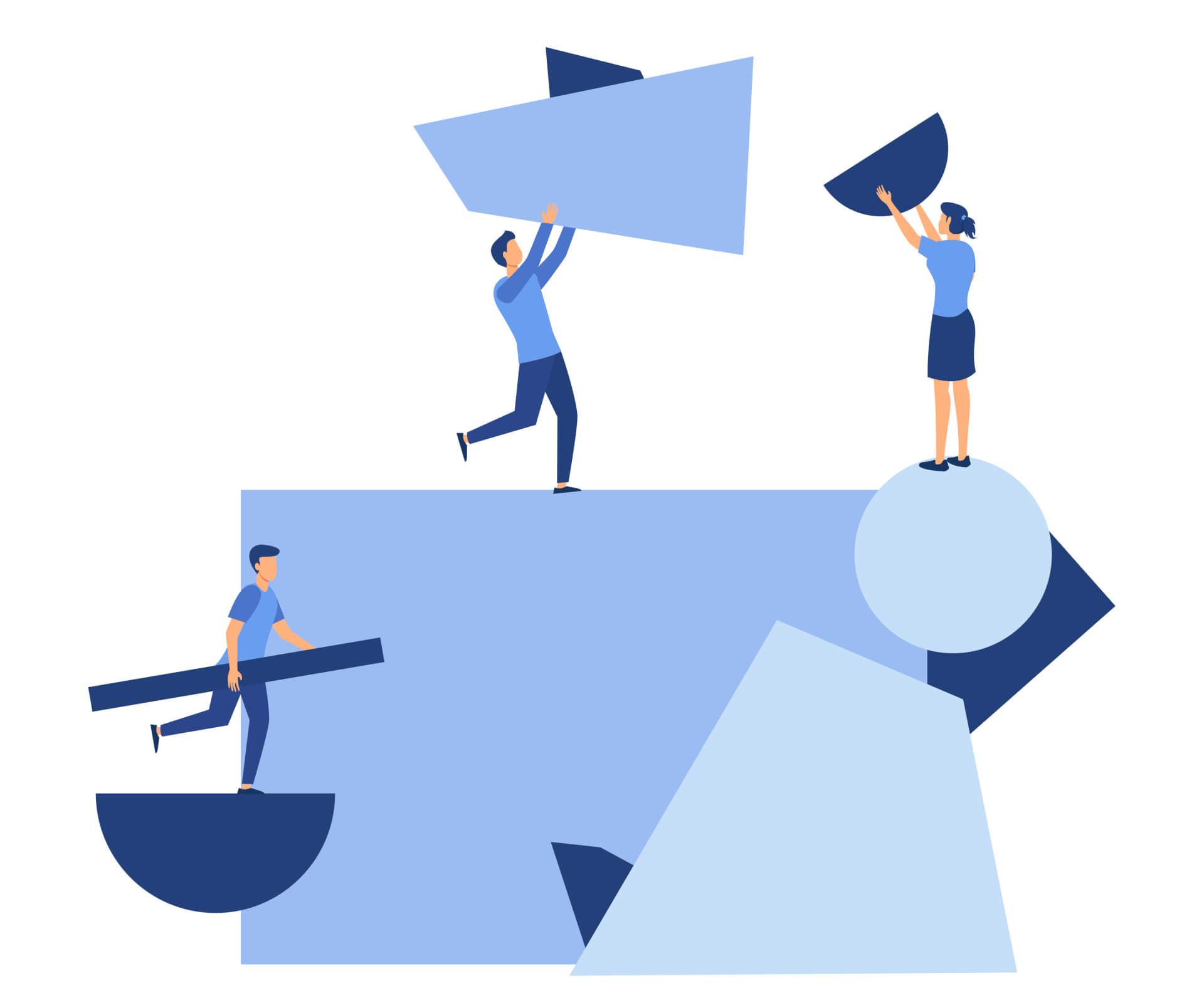 Abstract Illustration of giant objects with different shapes and forms, 3 persons climbing on the objects, holding smaller objects.