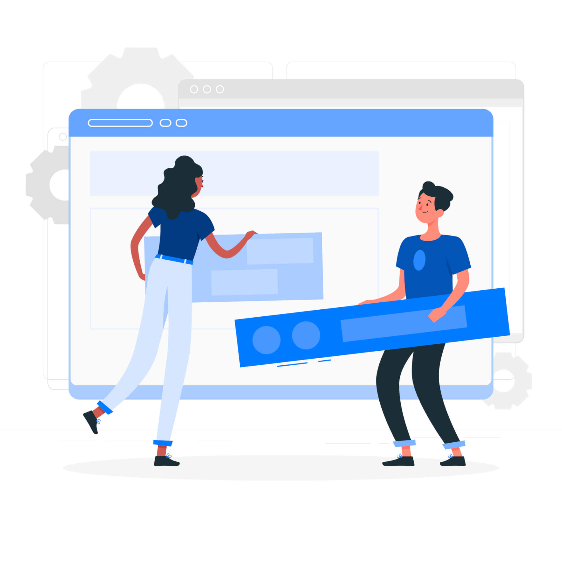 Abstrakte Illustration eines riesigen Browserfensters, vor dem eine Frau und ein Mann stehen und Seitenelemente halten, die sie der Seite zuordnen wollen.